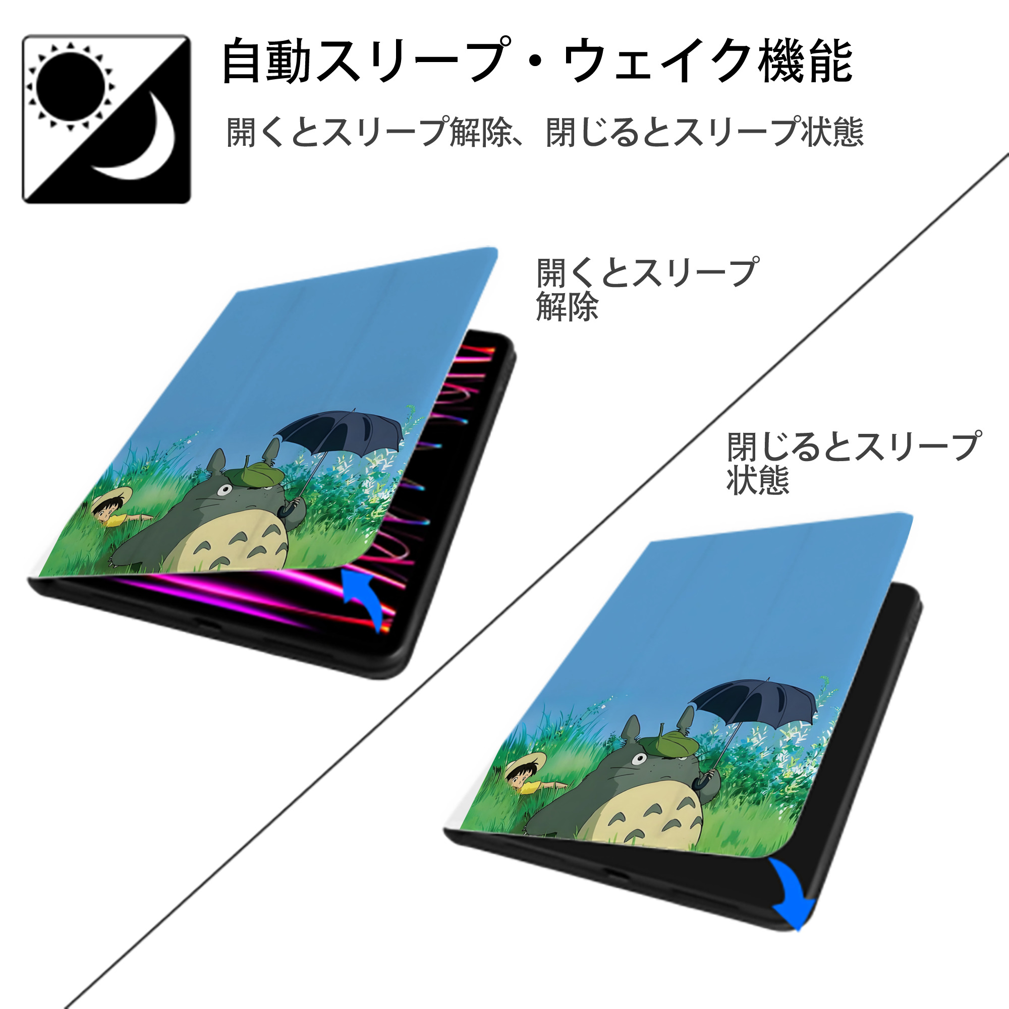 となりのトトロ 草壁メイ 草壁サツキ My Neighbor Totoro Satsuki Kusakabe Mei Kusakabe IPad ケース ペン収納付き 三つ折りスタンド PUレザー×シリコン 対応機種9.5/10.5/10.9インチ