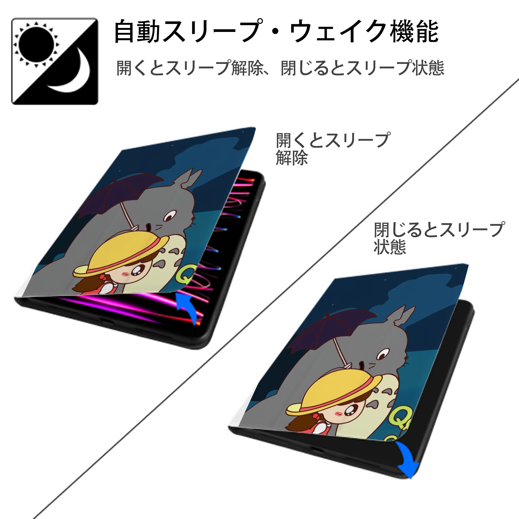 となりのトトロ 草壁メイ 草壁サツキ My Neighbor Totoro Satsuki Kusakabe Mei Kusakabe IPad ケース ペン収納付き 三つ折りスタンド PUレザー×シリコン 対応機種9.5/10.5/10.9インチ