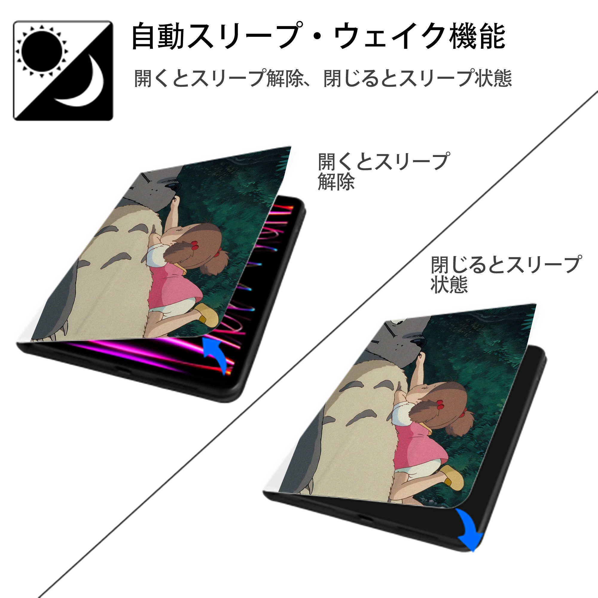となりのトトロ 草壁メイ 草壁サツキ My Neighbor Totoro Satsuki Kusakabe Mei Kusakabe IPad ケース ペン収納付き 三つ折りスタンド PUレザー×シリコン 対応機種9.5/10.5/10.9インチ