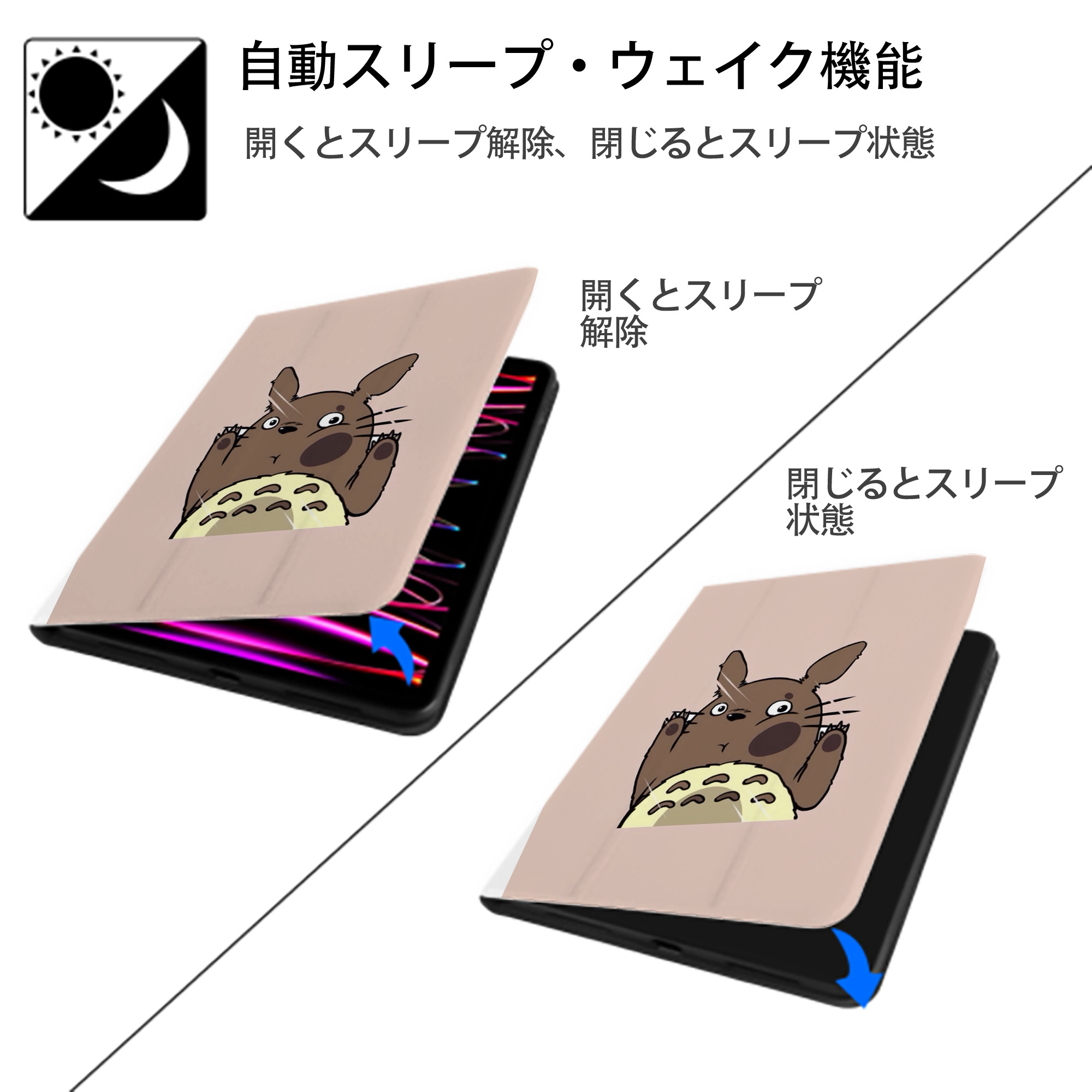 となりのトトロ 草壁メイ 草壁サツキ My Neighbor Totoro Satsuki Kusakabe Mei Kusakabe IPad ケース ペン収納付き 三つ折りスタンド PUレザー×シリコン 対応機種9.5/10.5/10.9インチ
