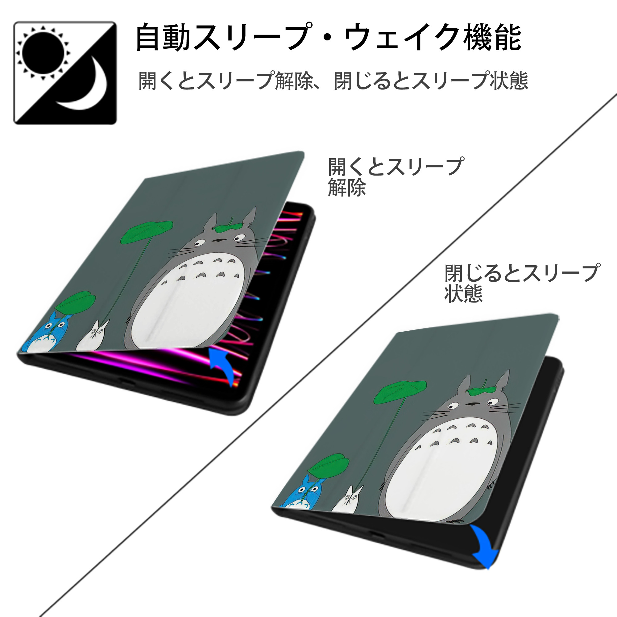 となりのトトロ 草壁メイ 草壁サツキ My Neighbor Totoro Satsuki Kusakabe Mei Kusakabe IPad ケース ペン収納付き 三つ折りスタンド PUレザー×シリコン 対応機種9.5/10.5/10.9インチ