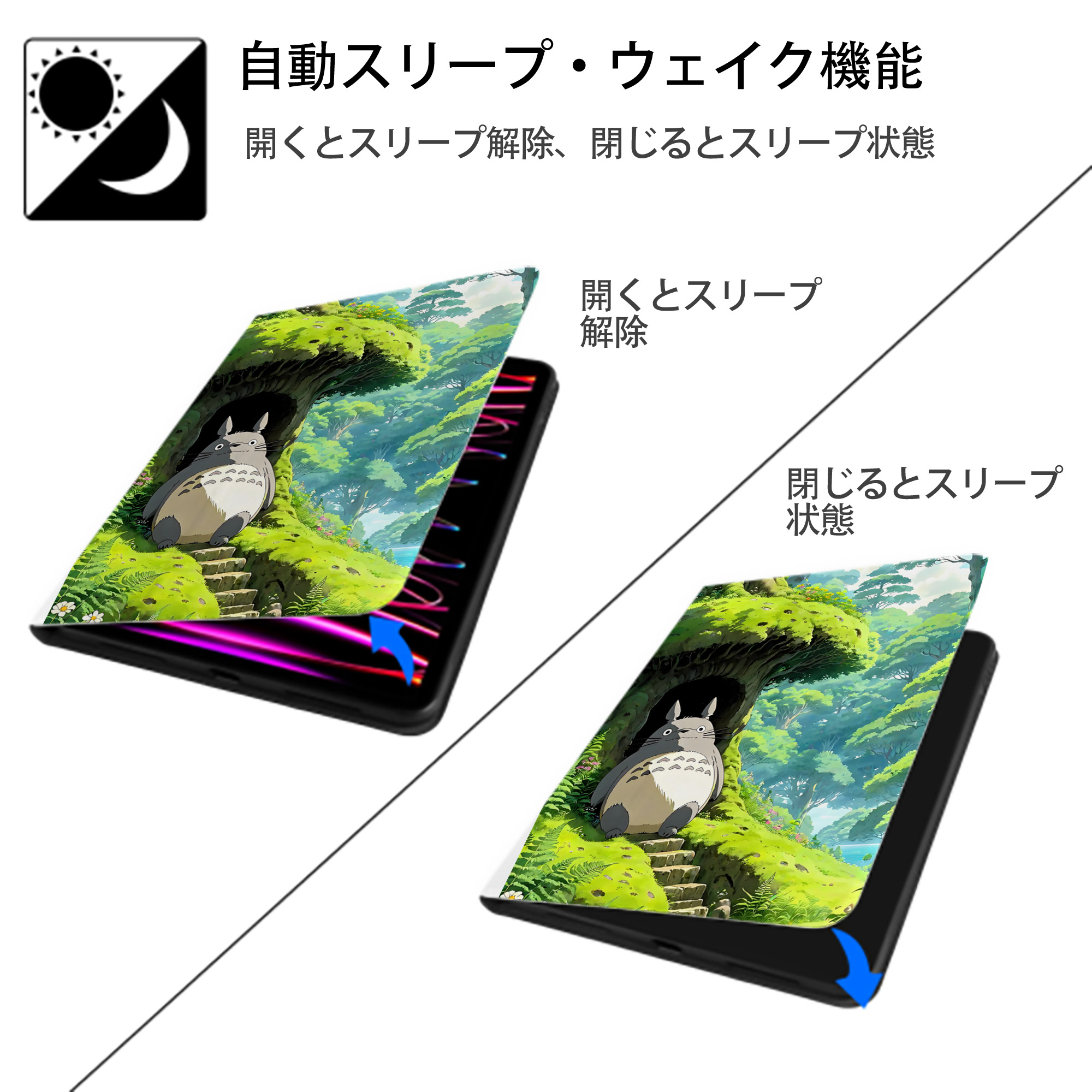 となりのトトロ 草壁メイ 草壁サツキ My Neighbor Totoro Satsuki Kusakabe Mei Kusakabe IPad ケース ペン収納付き 三つ折りスタンド PUレザー×シリコン 対応機種9.5/10.5/10.9インチ