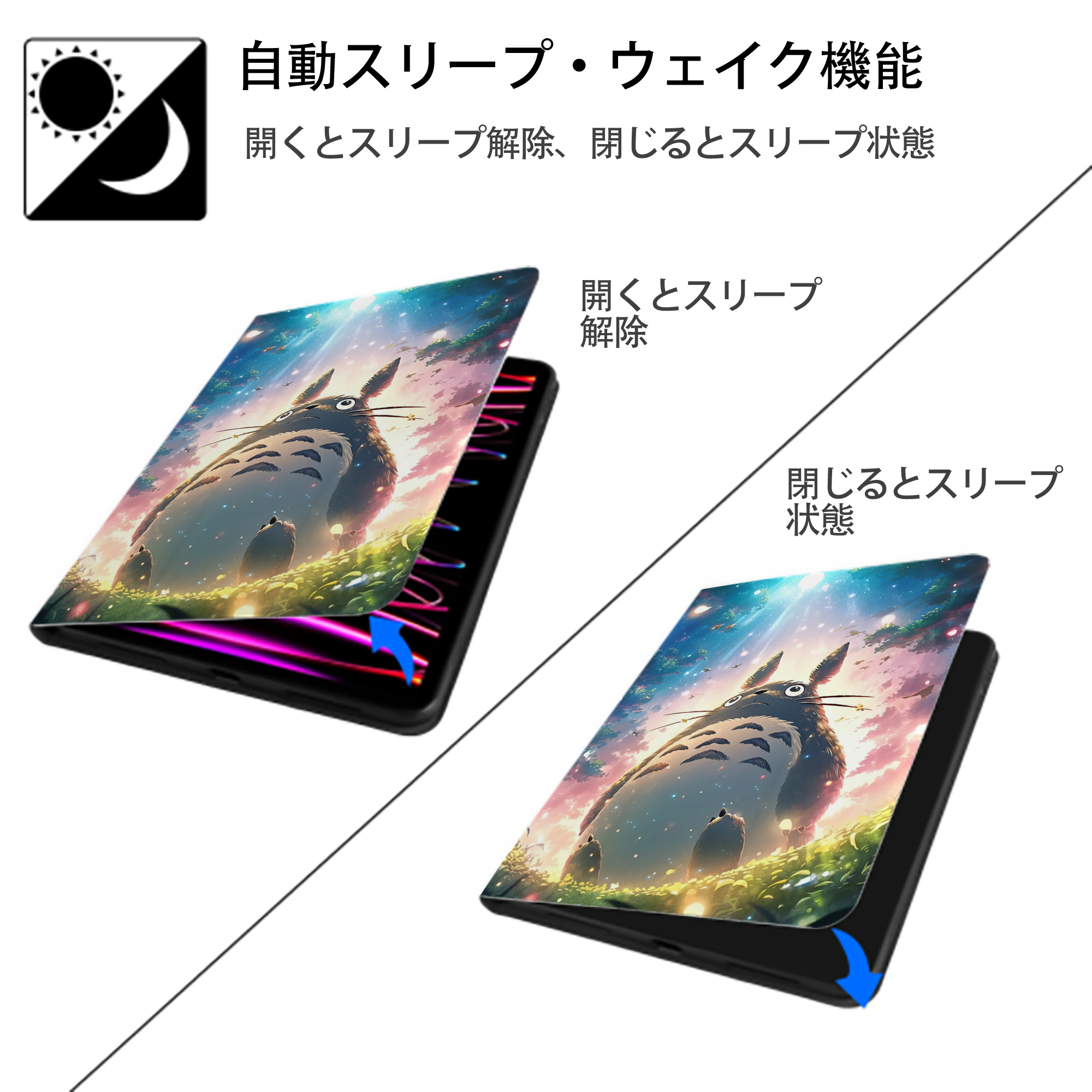 となりのトトロ 草壁メイ 草壁サツキ My Neighbor Totoro Satsuki Kusakabe Mei Kusakabe IPad ケース ペン収納付き 三つ折りスタンド PUレザー×シリコン 対応機種9.5/10.5/10.9インチ