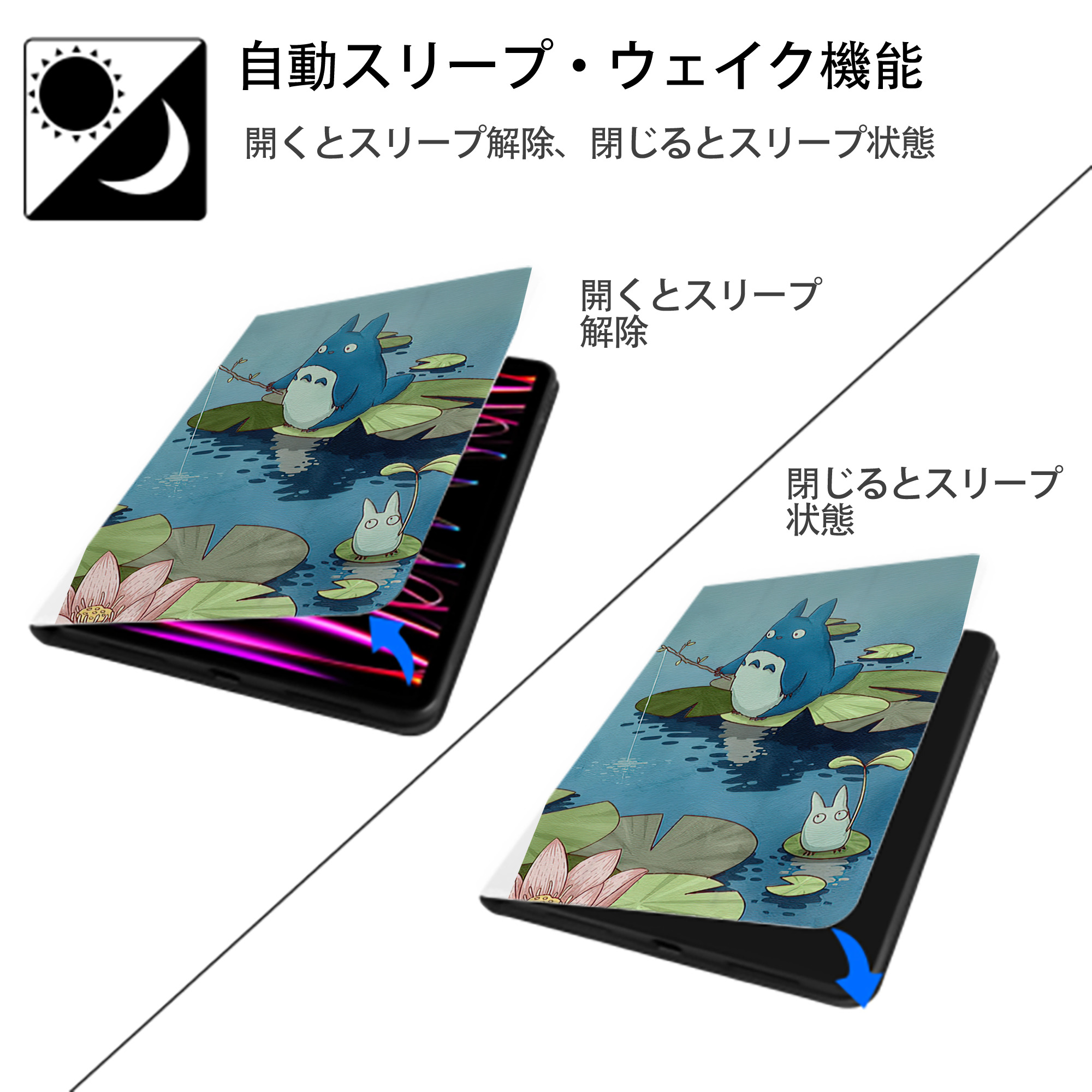 となりのトトロ 草壁メイ 草壁サツキ My Neighbor Totoro Satsuki Kusakabe Mei Kusakabe IPad ケース ペン収納付き 三つ折りスタンド PUレザー×シリコン 対応機種9.5/10.5/10.9インチ