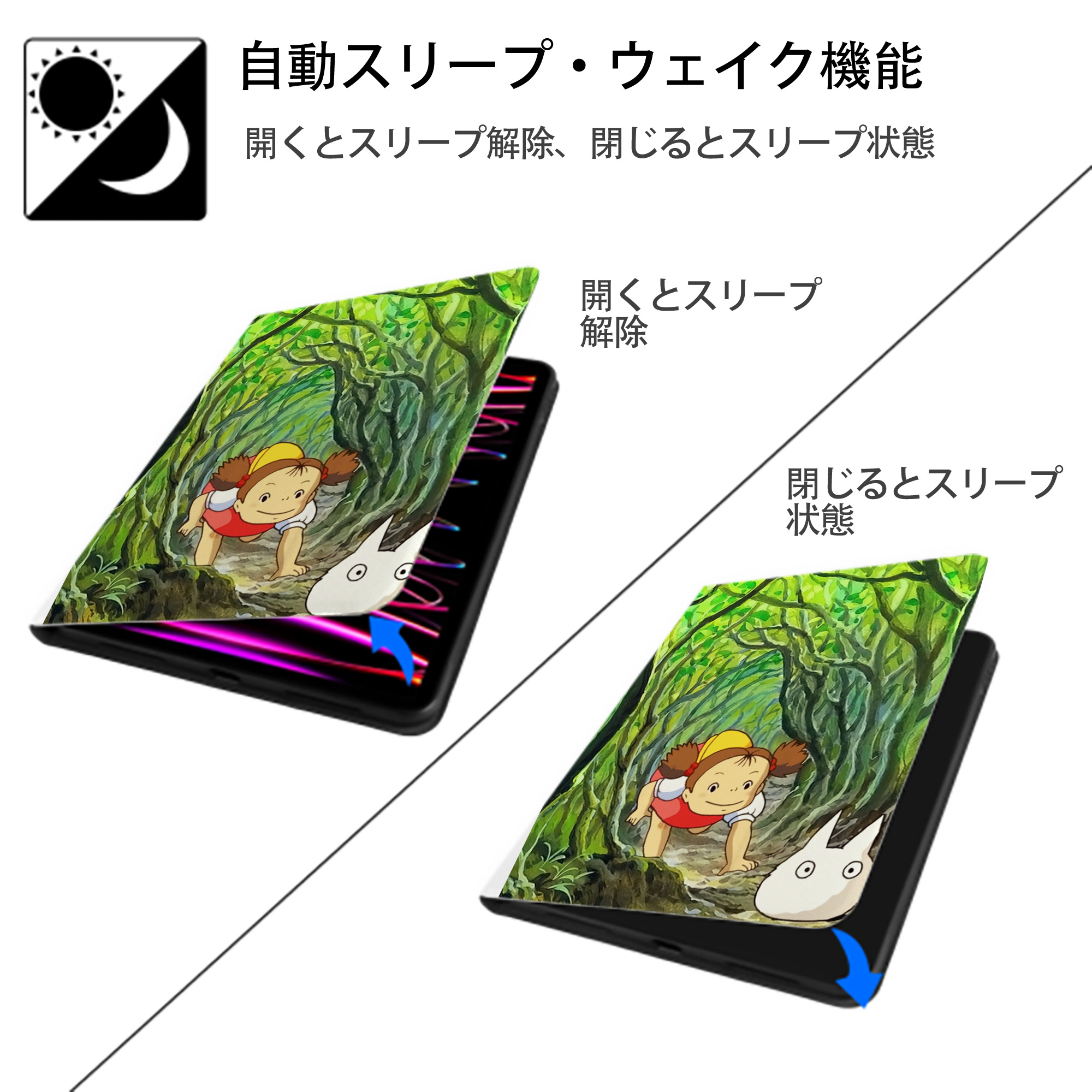 となりのトトロ 草壁メイ 草壁サツキ My Neighbor Totoro Satsuki Kusakabe Mei Kusakabe IPad ケース ペン収納付き 三つ折りスタンド PUレザー×シリコン 対応機種9.5/10.5/10.9インチ