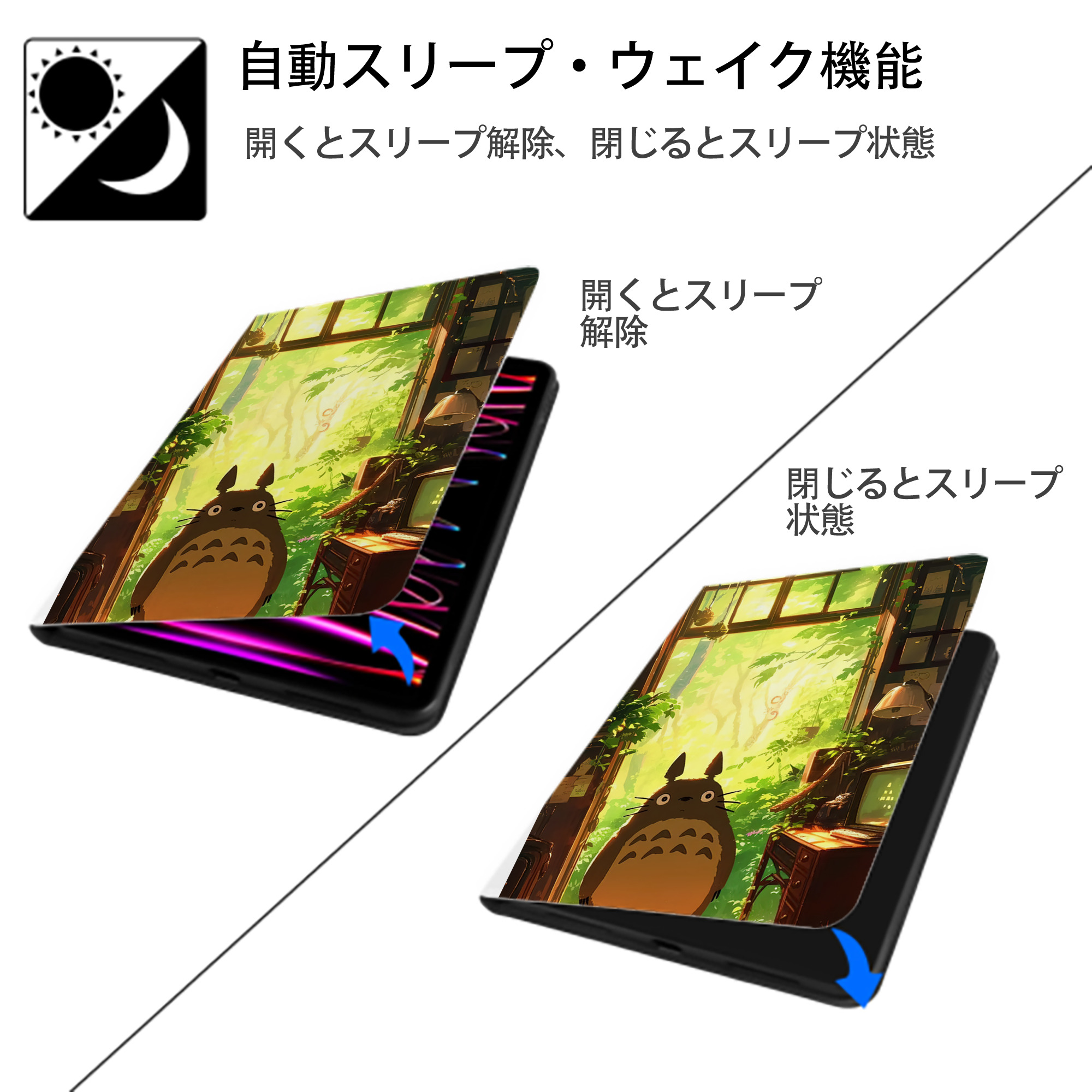 となりのトトロ 草壁メイ 草壁サツキ My Neighbor Totoro Satsuki Kusakabe Mei Kusakabe IPad ケース ペン収納付き 三つ折りスタンド PUレザー×シリコン 対応機種9.5/10.5/10.9インチ