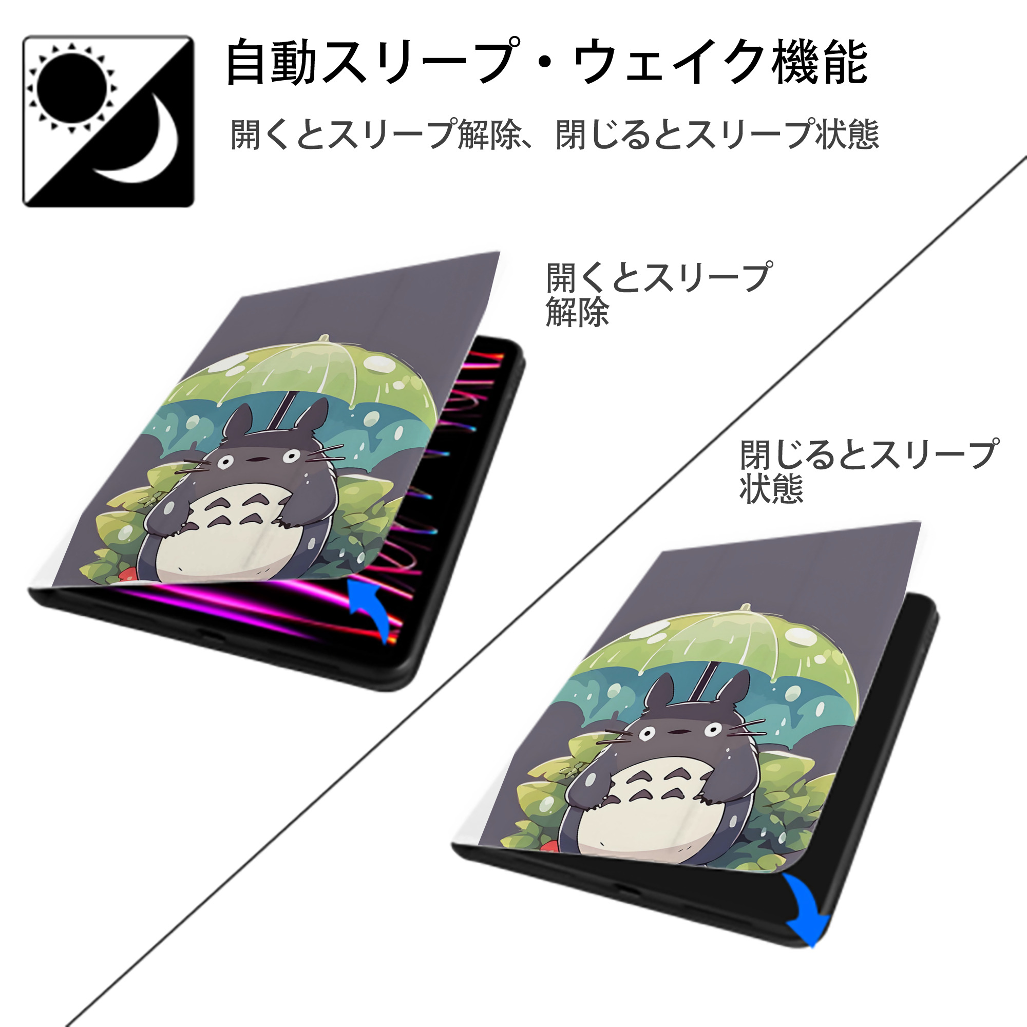となりのトトロ 草壁メイ 草壁サツキ My Neighbor Totoro Satsuki Kusakabe Mei Kusakabe IPad ケース ペン収納付き 三つ折りスタンド PUレザー×シリコン 対応機種9.5/10.5/10.9インチ