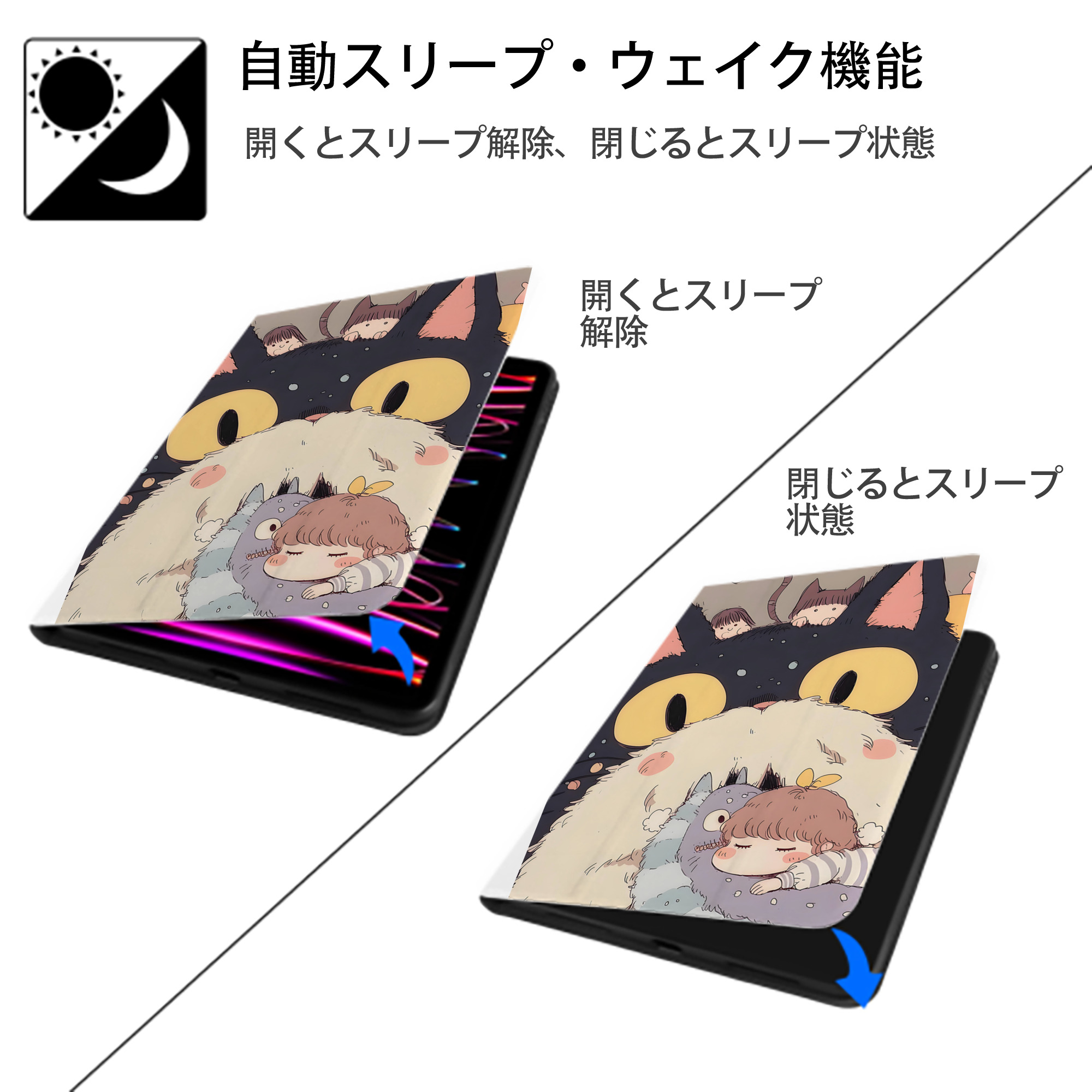 となりのトトロ 草壁メイ 草壁サツキ My Neighbor Totoro Satsuki Kusakabe Mei Kusakabe IPad ケース ペン収納付き 三つ折りスタンド PUレザー×シリコン 対応機種9.5/10.5/10.9インチ