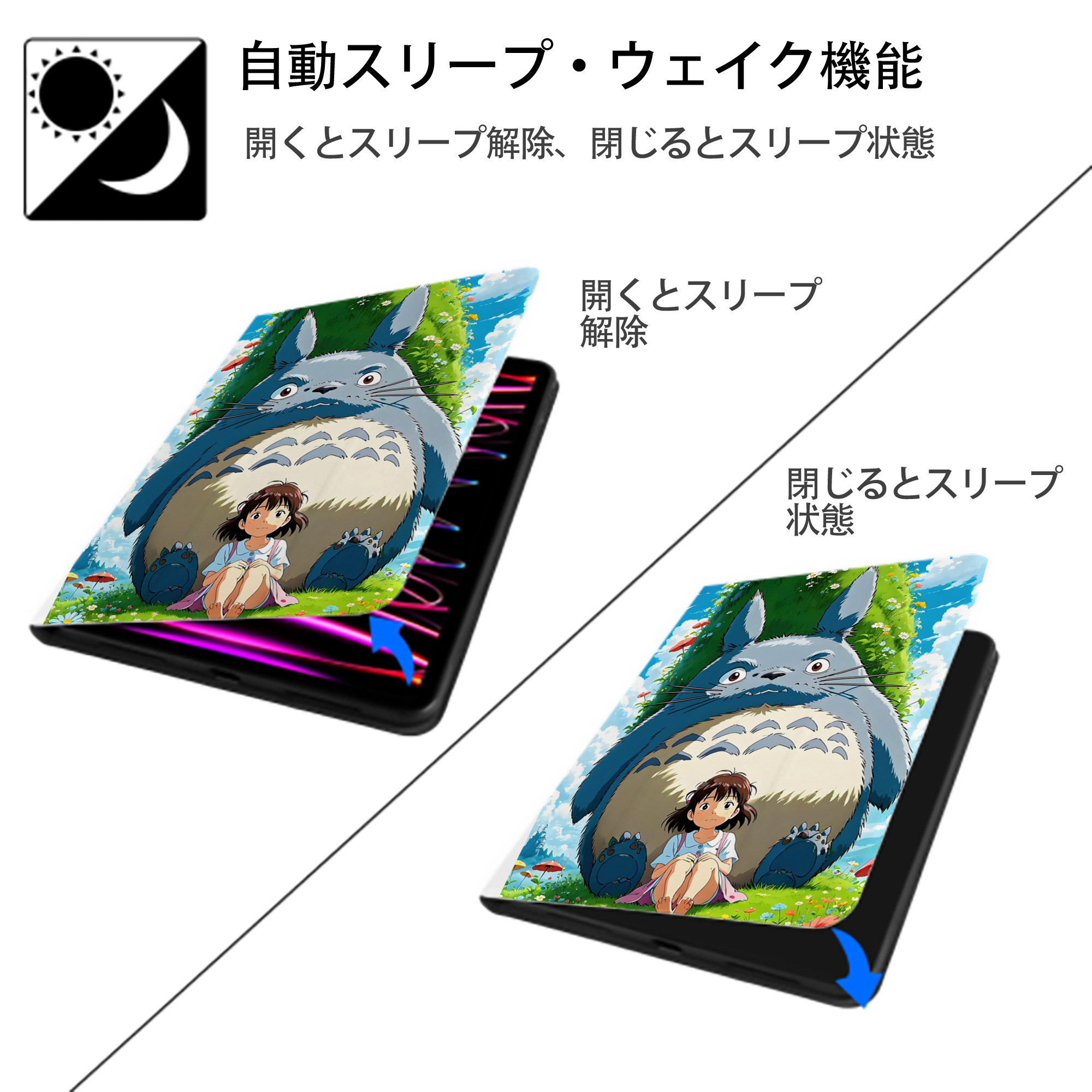 となりのトトロ 草壁メイ 草壁サツキ My Neighbor Totoro Satsuki Kusakabe Mei Kusakabe IPad ケース ペン収納付き 三つ折りスタンド PUレザー×シリコン 対応機種9.5/10.5/10.9インチ