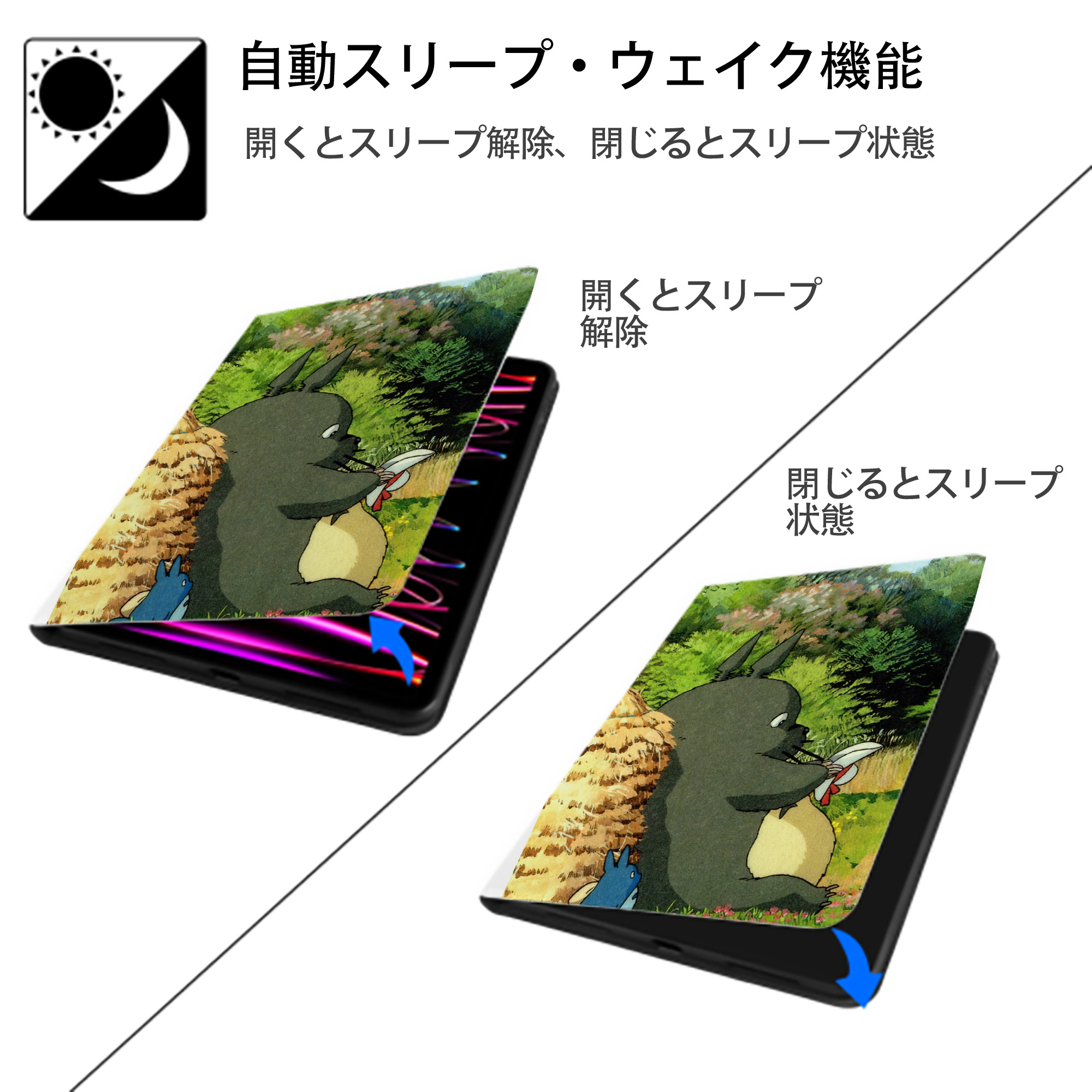 となりのトトロ 草壁メイ 草壁サツキ My Neighbor Totoro Satsuki Kusakabe Mei Kusakabe IPad ケース ペン収納付き 三つ折りスタンド PUレザー×シリコン 対応機種9.5/10.5/10.9インチ