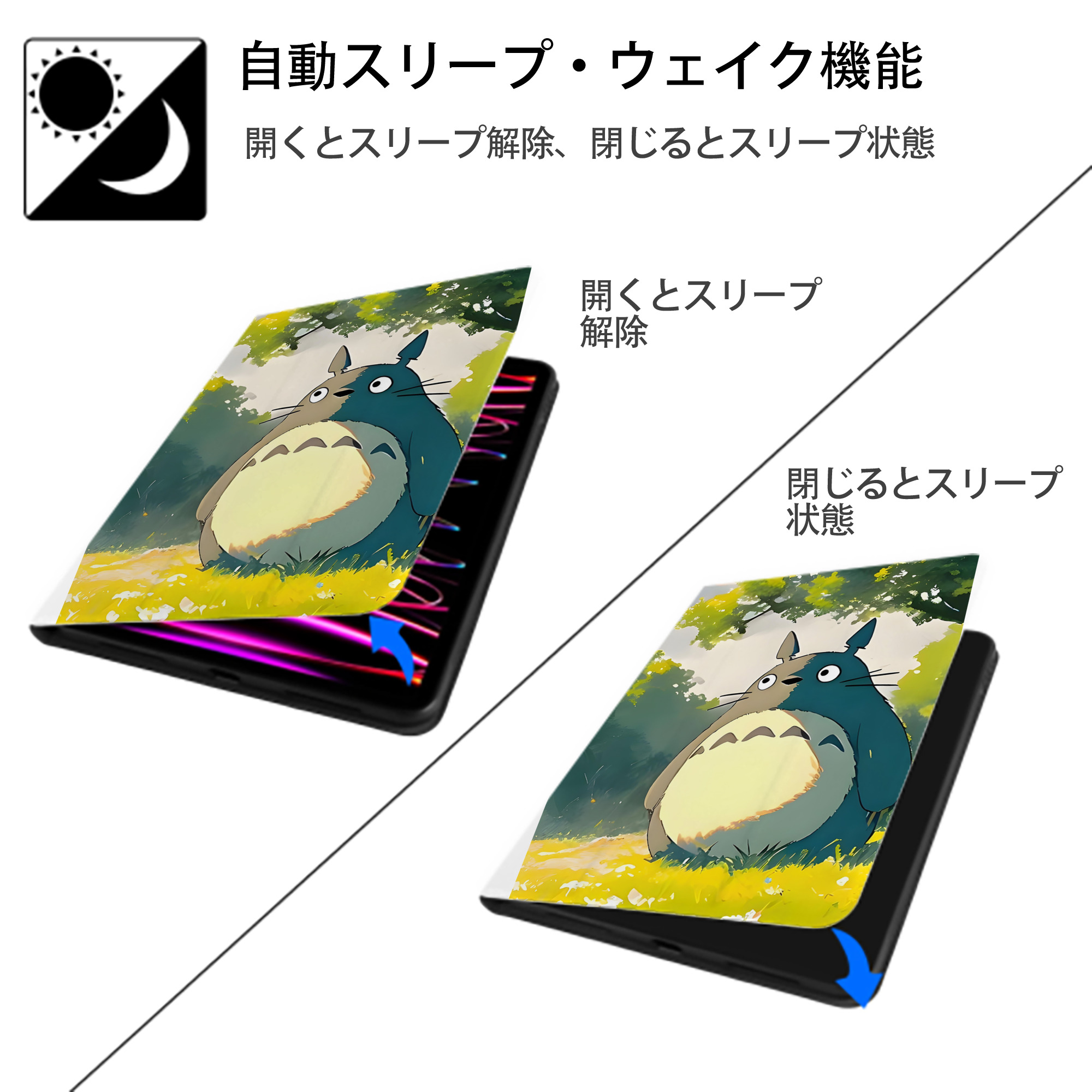 となりのトトロ 草壁メイ 草壁サツキ My Neighbor Totoro Satsuki Kusakabe Mei Kusakabe IPad ケース ペン収納付き 三つ折りスタンド PUレザー×シリコン 対応機種9.5/10.5/10.9インチ