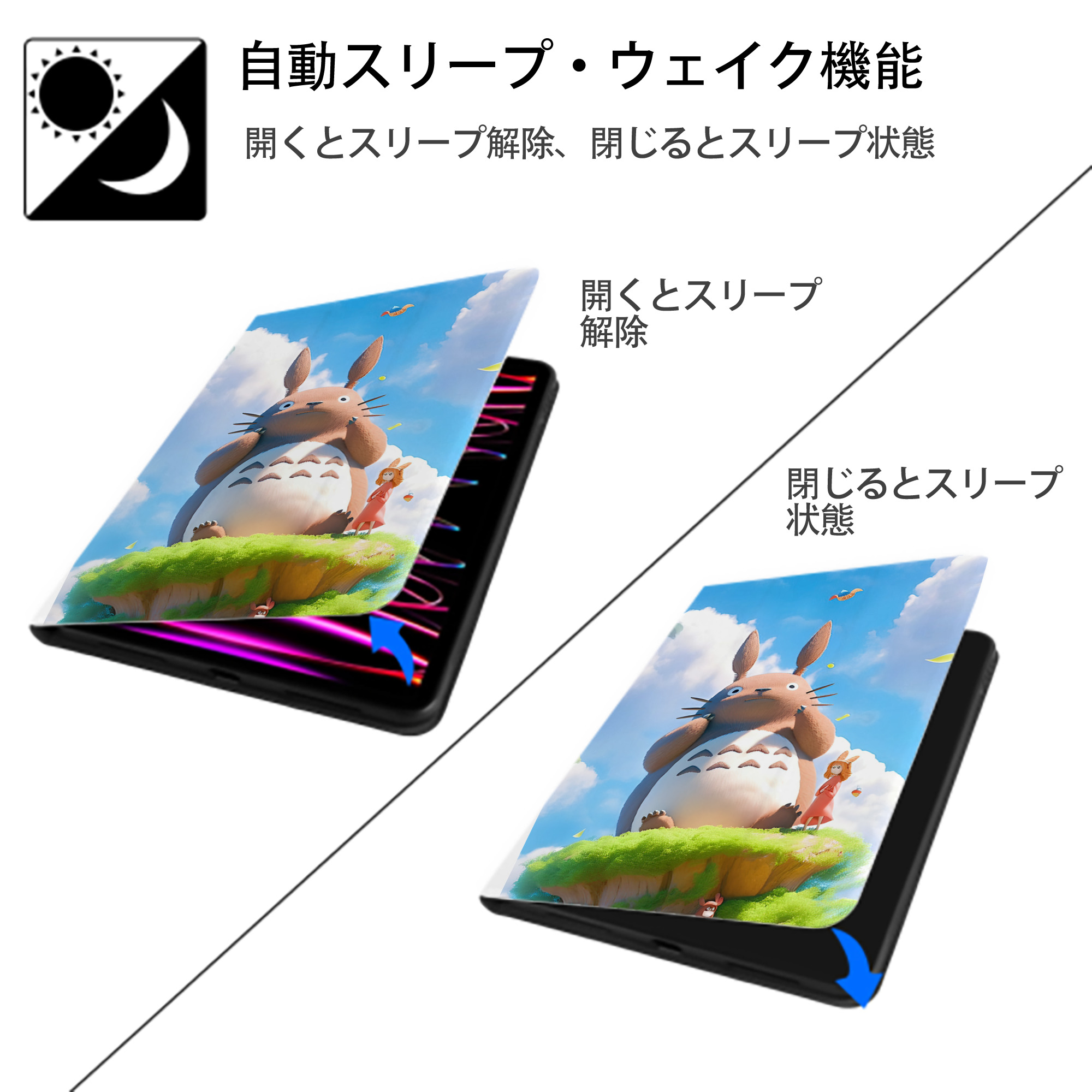 となりのトトロ 草壁メイ 草壁サツキ My Neighbor Totoro Satsuki Kusakabe Mei Kusakabe IPad ケース ペン収納付き 三つ折りスタンド PUレザー×シリコン 対応機種9.5/10.5/10.9インチ