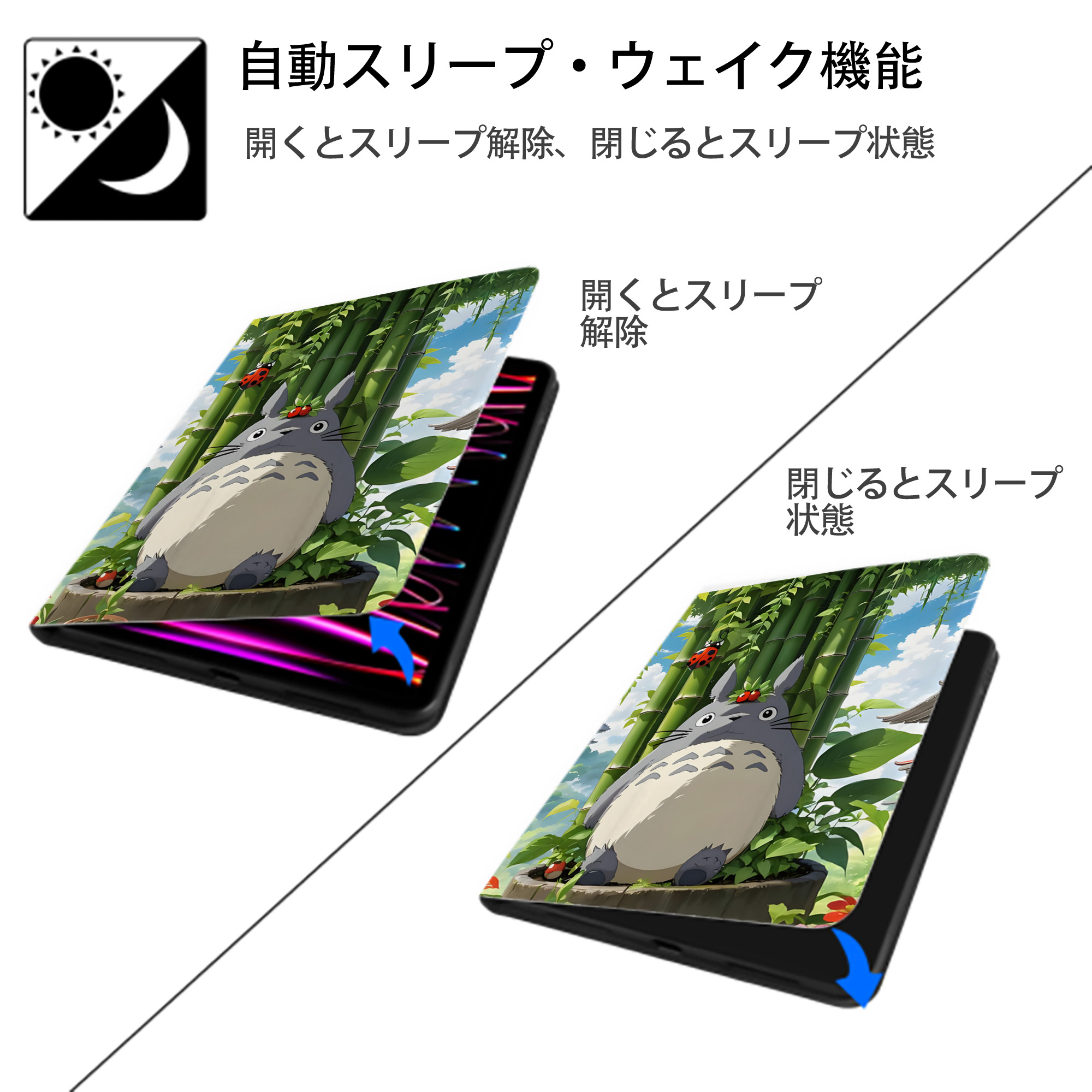 となりのトトロ 草壁メイ 草壁サツキ My Neighbor Totoro Satsuki Kusakabe Mei Kusakabe IPad ケース ペン収納付き 三つ折りスタンド PUレザー×シリコン 対応機種9.5/10.5/10.9インチ