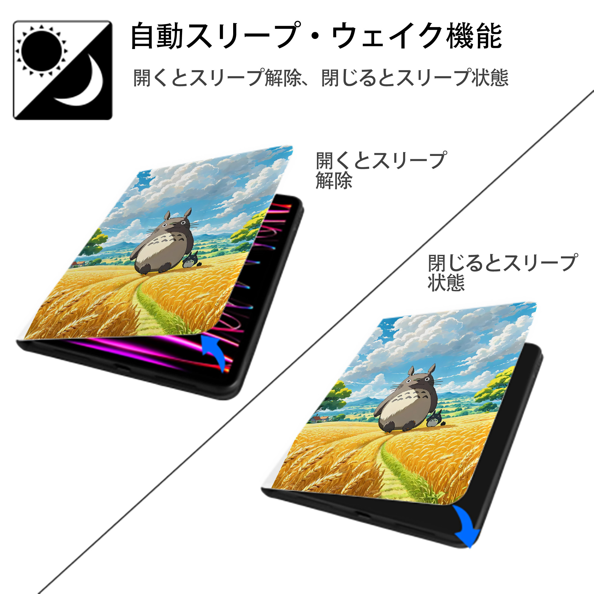 となりのトトロ 草壁メイ 草壁サツキ My Neighbor Totoro Satsuki Kusakabe Mei Kusakabe IPad ケース ペン収納付き 三つ折りスタンド PUレザー×シリコン 対応機種9.5/10.5/10.9インチ