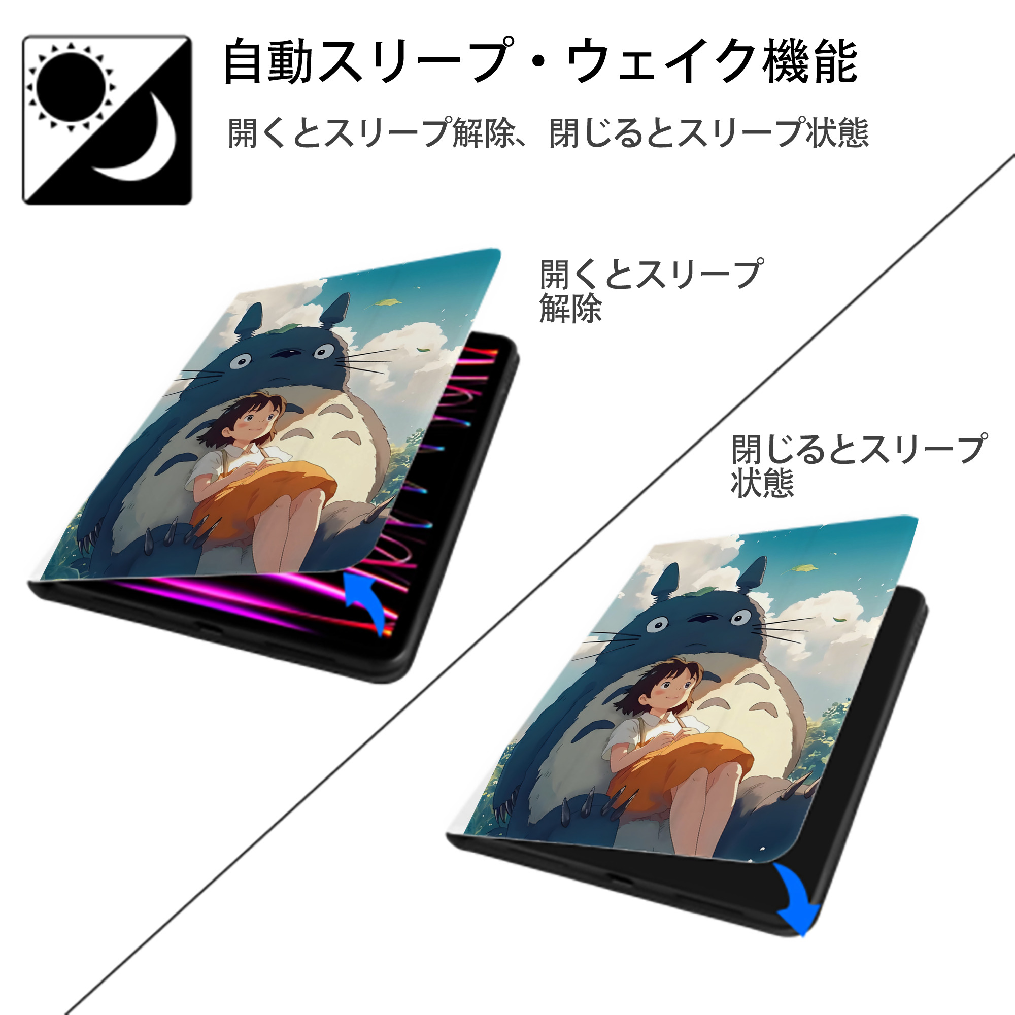 となりのトトロ 草壁メイ 草壁サツキ My Neighbor Totoro Satsuki Kusakabe Mei Kusakabe IPad ケース ペン収納付き 三つ折りスタンド PUレザー×シリコン 対応機種9.5/10.5/10.9インチ