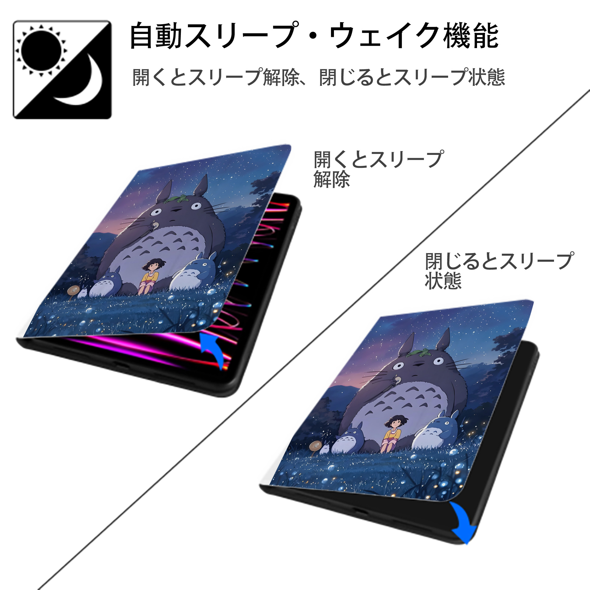 となりのトトロ 草壁メイ 草壁サツキ My Neighbor Totoro Satsuki Kusakabe Mei Kusakabe IPad ケース ペン収納付き 三つ折りスタンド PUレザー×シリコン 対応機種9.5/10.5/10.9インチ