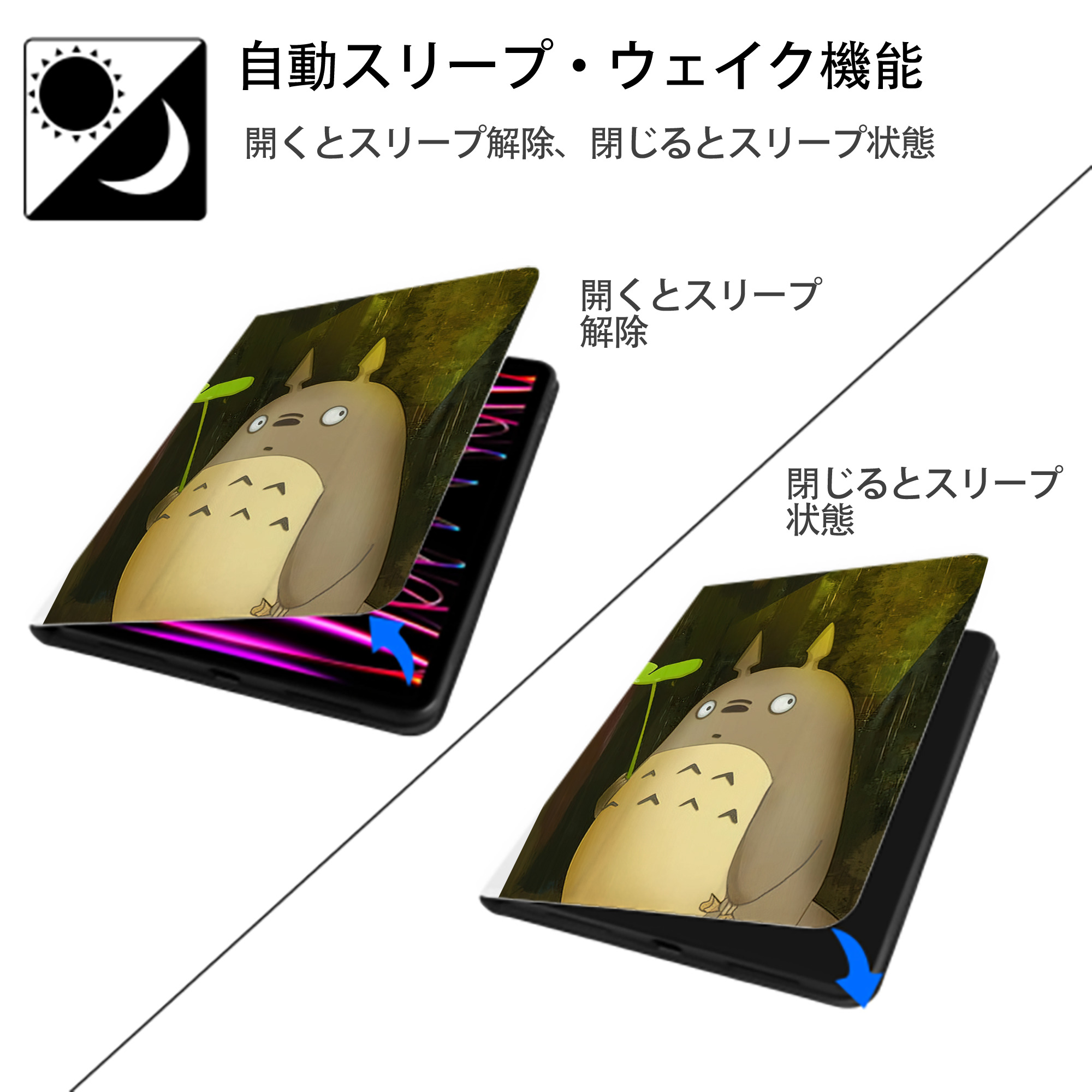 となりのトトロ 草壁メイ 草壁サツキ My Neighbor Totoro Satsuki Kusakabe Mei Kusakabe IPad ケース ペン収納付き 三つ折りスタンド PUレザー×シリコン 対応機種9.5/10.5/10.9インチ