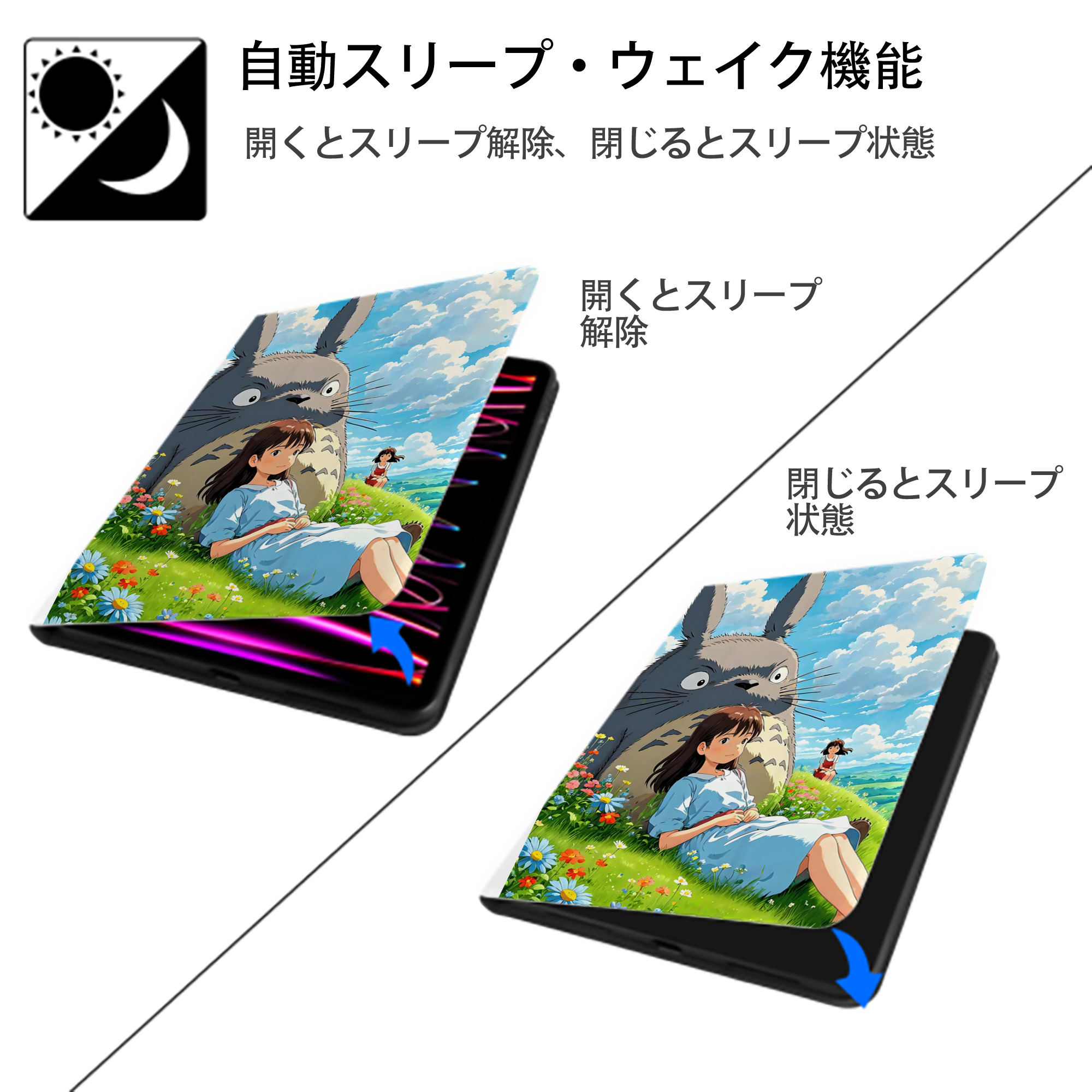 となりのトトロ 草壁メイ 草壁サツキ My Neighbor Totoro Satsuki Kusakabe Mei Kusakabe IPad ケース ペン収納付き 三つ折りスタンド PUレザー×シリコン 対応機種9.5/10.5/10.9インチ