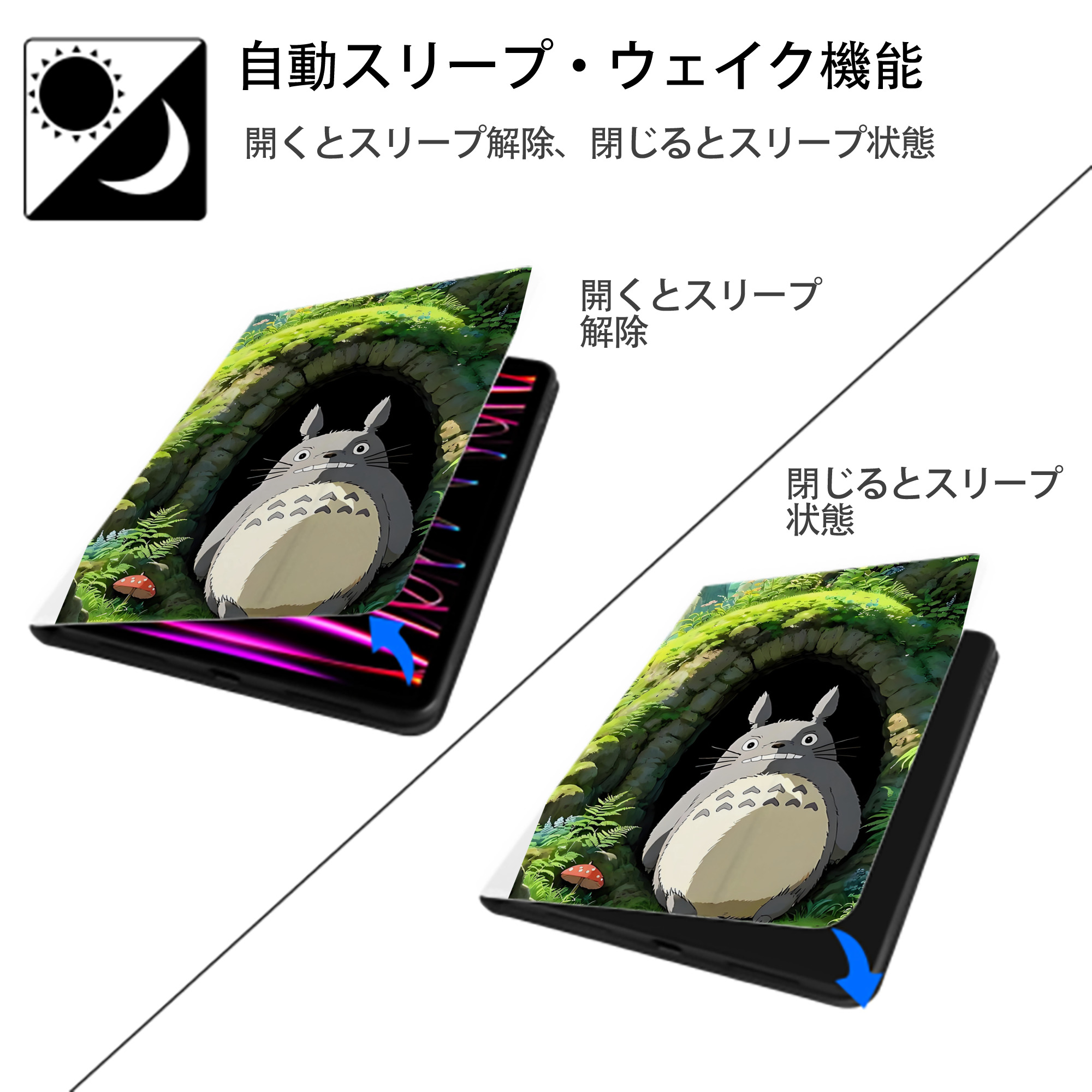 となりのトトロ 草壁メイ 草壁サツキ My Neighbor Totoro Satsuki Kusakabe Mei Kusakabe IPad ケース ペン収納付き 三つ折りスタンド PUレザー×シリコン 対応機種9.5/10.5/10.9インチ