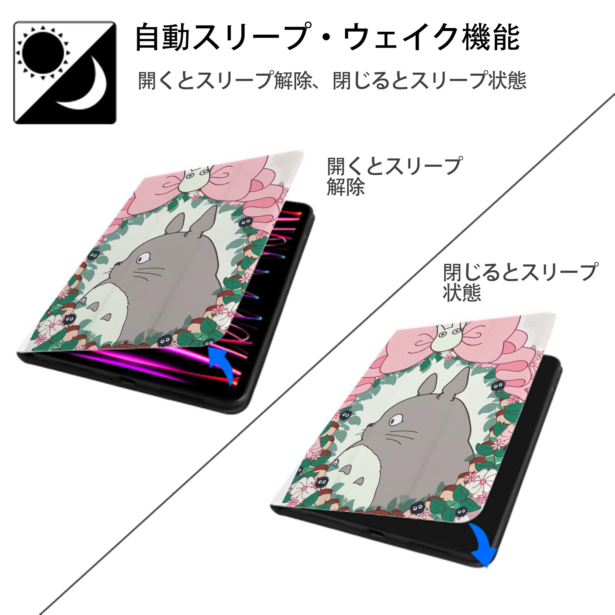 となりのトトロ 草壁メイ 草壁サツキ My Neighbor Totoro Satsuki Kusakabe Mei Kusakabe IPad ケース ペン収納付き 三つ折りスタンド PUレザー×シリコン 対応機種9.5/10.5/10.9インチ