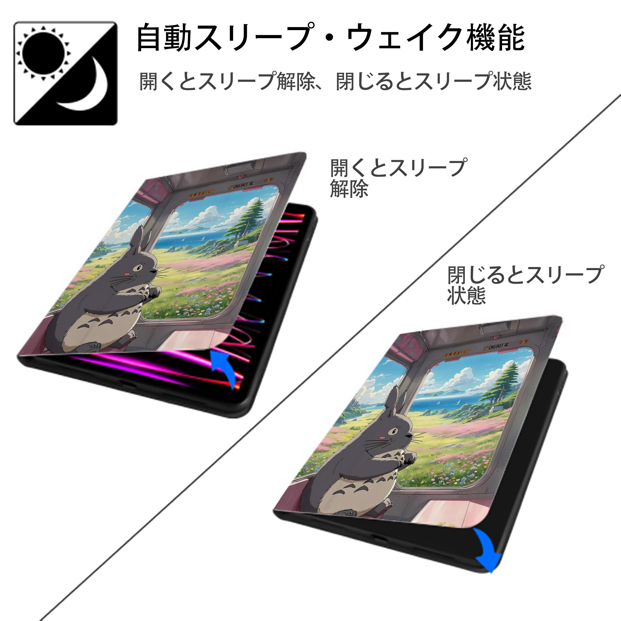 となりのトトロ 草壁メイ 草壁サツキ My Neighbor Totoro Satsuki Kusakabe Mei Kusakabe IPad ケース ペン収納付き 三つ折りスタンド PUレザー×シリコン 対応機種9.5/10.5/10.9インチ