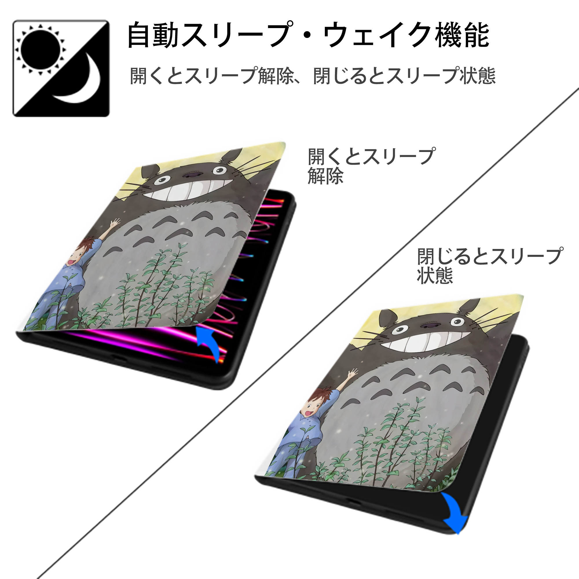 となりのトトロ 草壁メイ 草壁サツキ My Neighbor Totoro Satsuki Kusakabe Mei Kusakabe IPad ケース ペン収納付き 三つ折りスタンド PUレザー×シリコン 対応機種9.5/10.5/10.9インチ