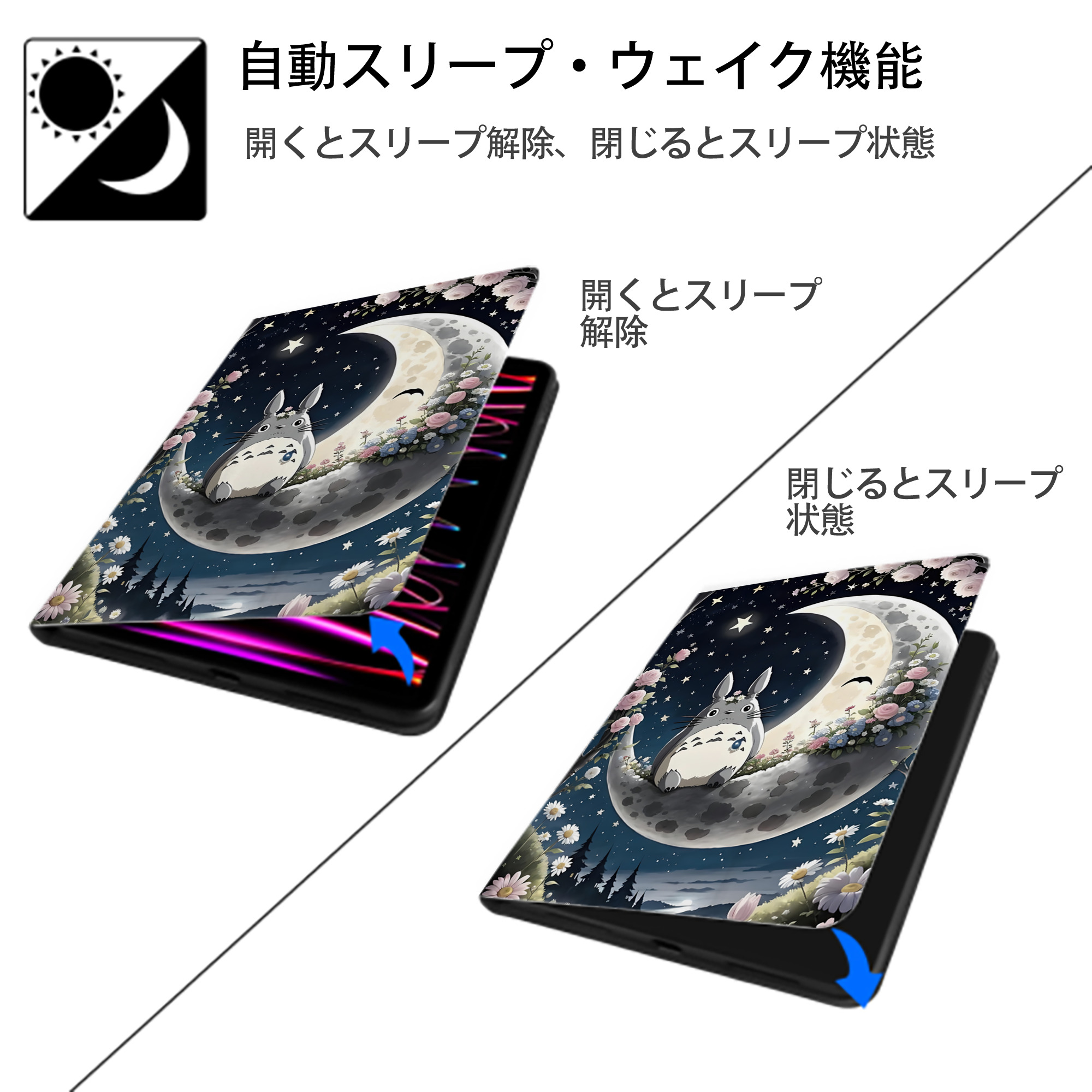 となりのトトロ 草壁メイ 草壁サツキ My Neighbor Totoro Satsuki Kusakabe Mei Kusakabe IPad ケース ペン収納付き 三つ折りスタンド PUレザー×シリコン 対応機種9.5/10.5/10.9インチ