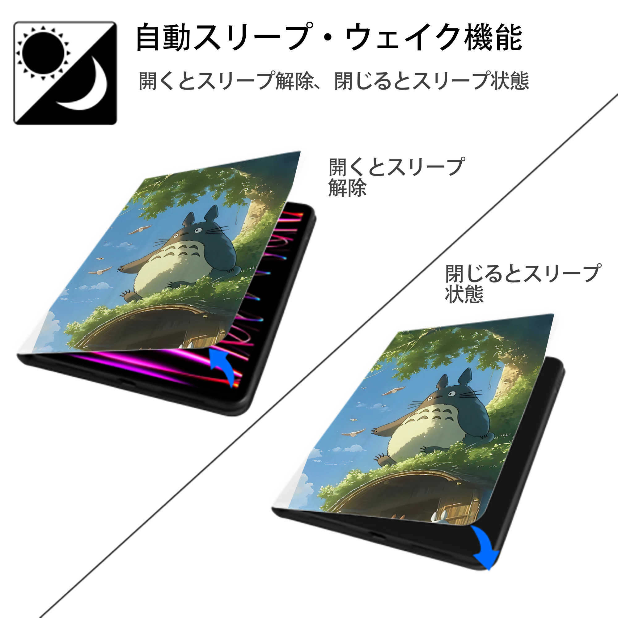 となりのトトロ 草壁メイ 草壁サツキ My Neighbor Totoro Satsuki Kusakabe Mei Kusakabe IPad ケース ペン収納付き 三つ折りスタンド PUレザー×シリコン 対応機種9.5/10.5/10.9インチ