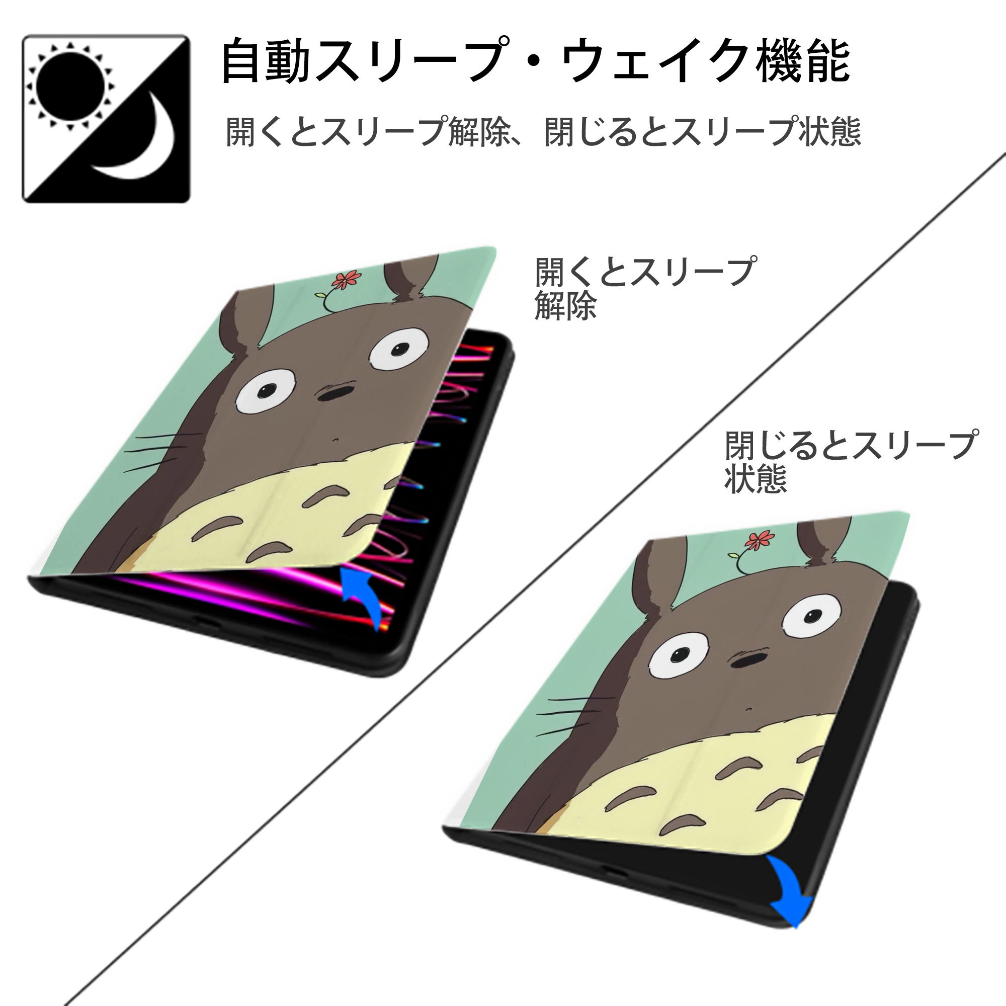 となりのトトロ 草壁メイ 草壁サツキ My Neighbor Totoro Satsuki Kusakabe Mei Kusakabe IPad ケース ペン収納付き 三つ折りスタンド PUレザー×シリコン 対応機種9.5/10.5/10.9インチ