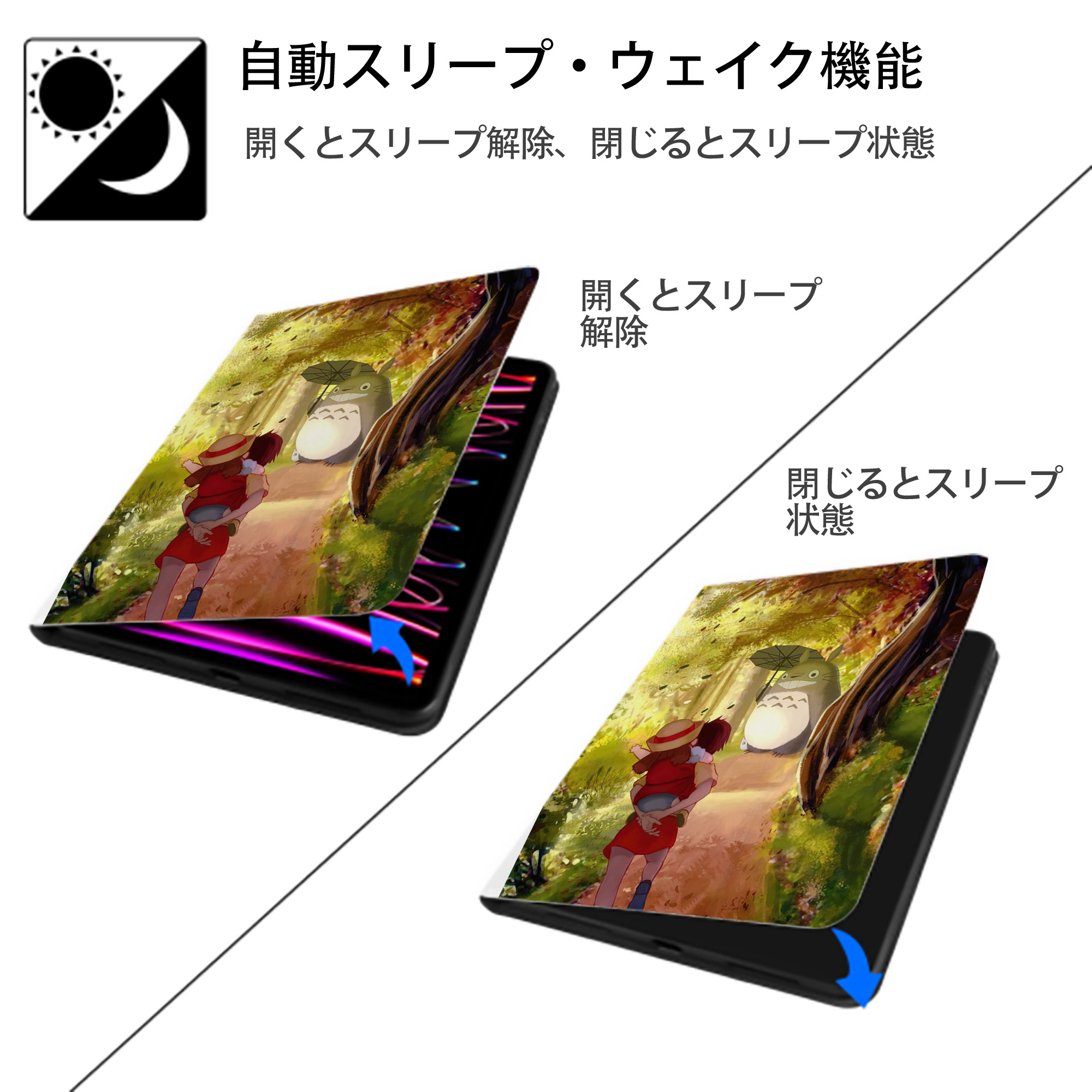 となりのトトロ 草壁メイ 草壁サツキ My Neighbor Totoro Satsuki Kusakabe Mei Kusakabe IPad ケース ペン収納付き 三つ折りスタンド PUレザー×シリコン 対応機種9.5/10.5/10.9インチ