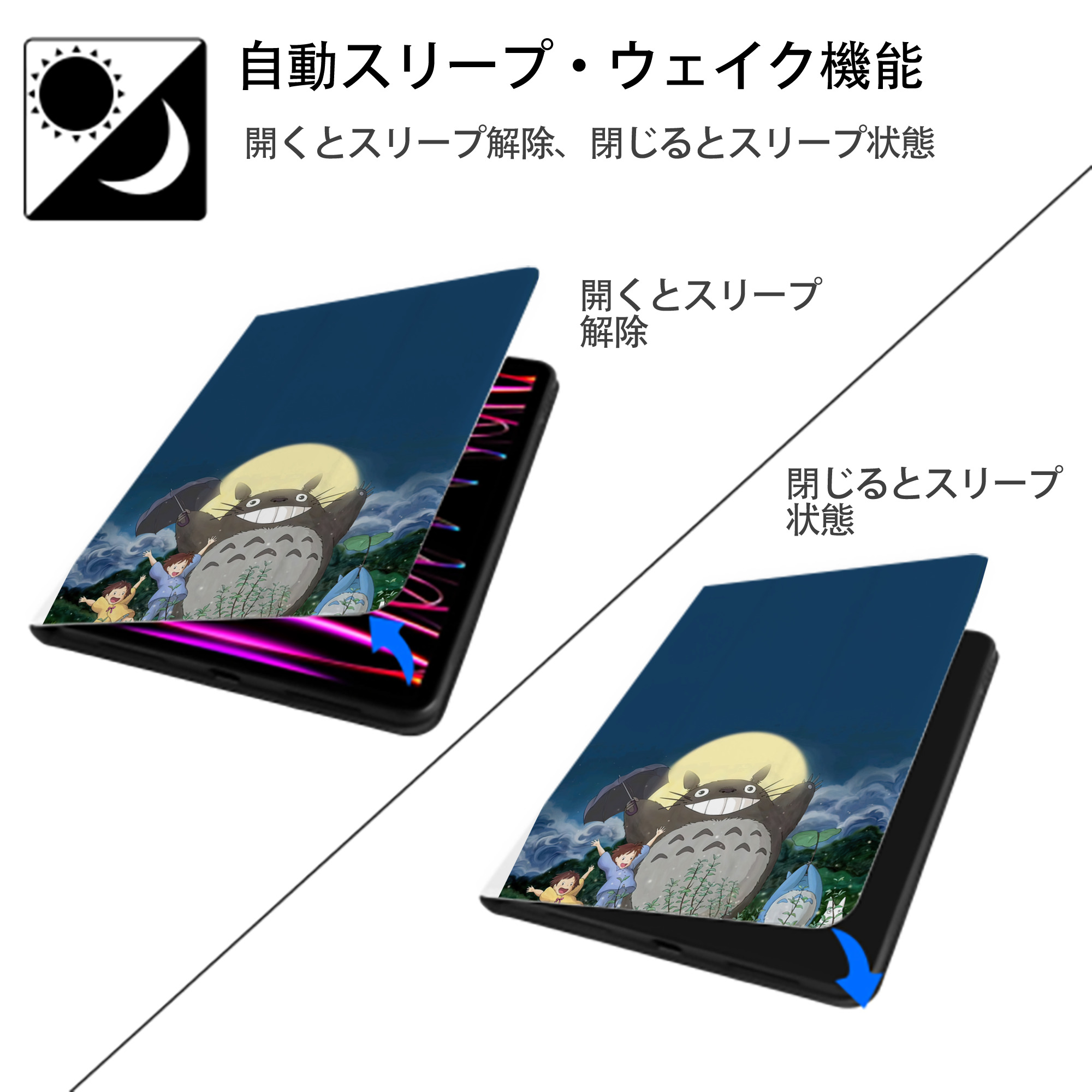 となりのトトロ 草壁メイ 草壁サツキ My Neighbor Totoro Satsuki Kusakabe Mei Kusakabe IPad ケース ペン収納付き 三つ折りスタンド PUレザー×シリコン 対応機種9.5/10.5/10.9インチ