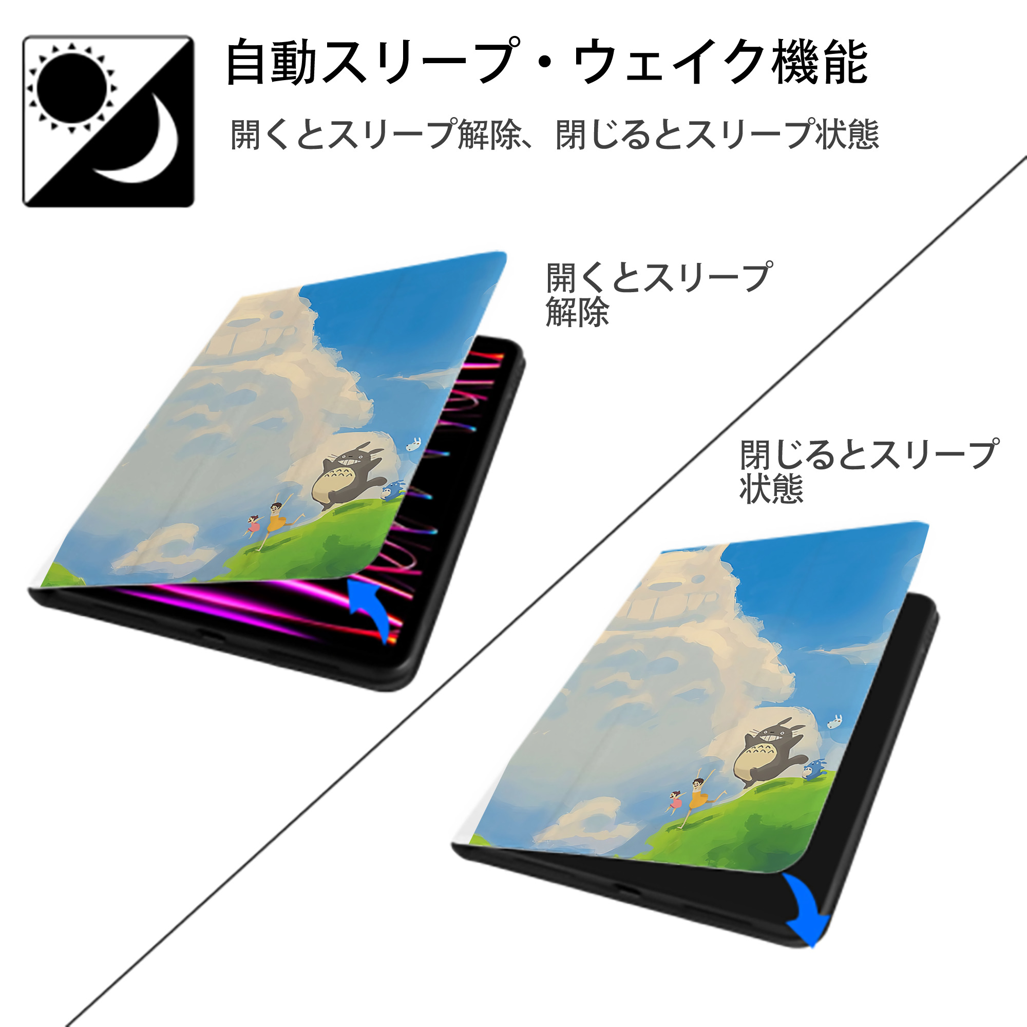となりのトトロ 草壁メイ 草壁サツキ My Neighbor Totoro Satsuki Kusakabe Mei Kusakabe IPad ケース ペン収納付き 三つ折りスタンド PUレザー×シリコン 対応機種9.5/10.5/10.9インチ