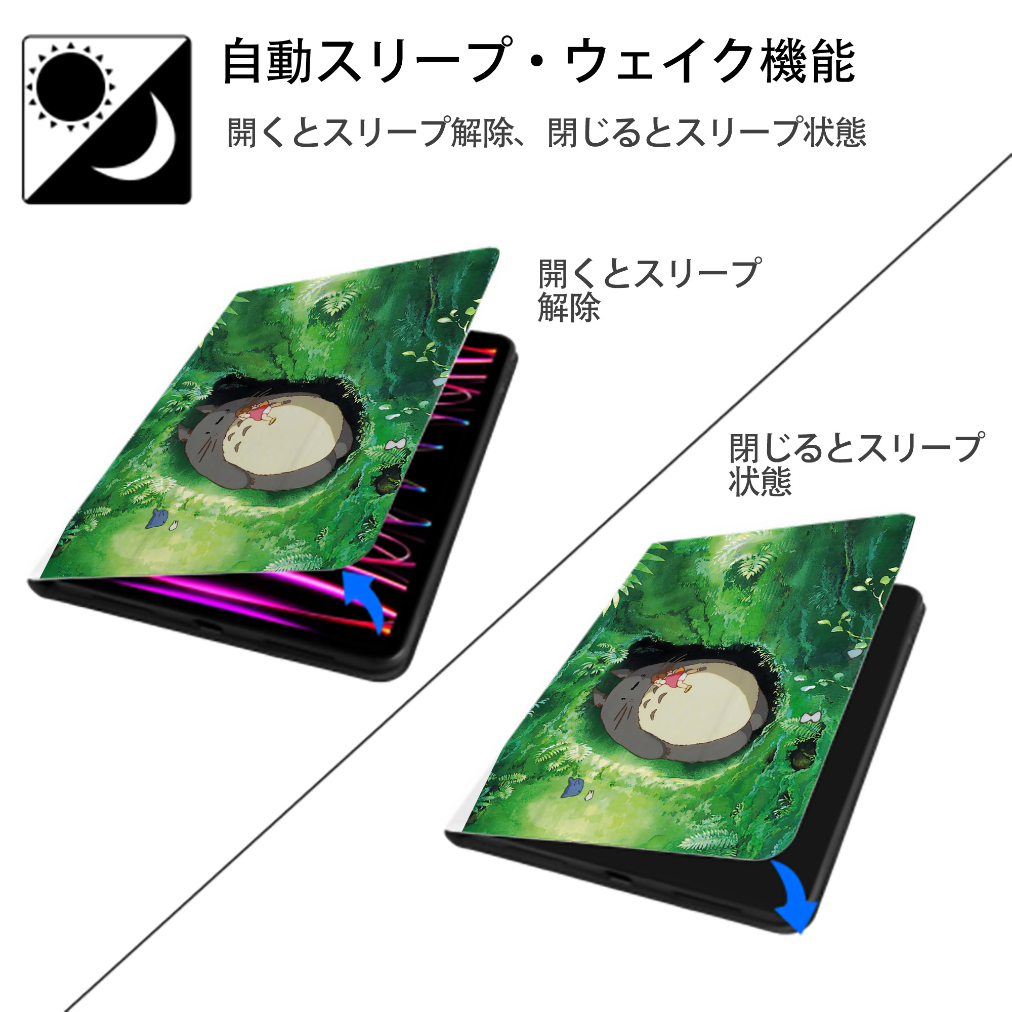 となりのトトロ 草壁メイ 草壁サツキ My Neighbor Totoro Satsuki Kusakabe Mei Kusakabe IPad ケース ペン収納付き 三つ折りスタンド PUレザー×シリコン 対応機種9.5/10.5/10.9インチ