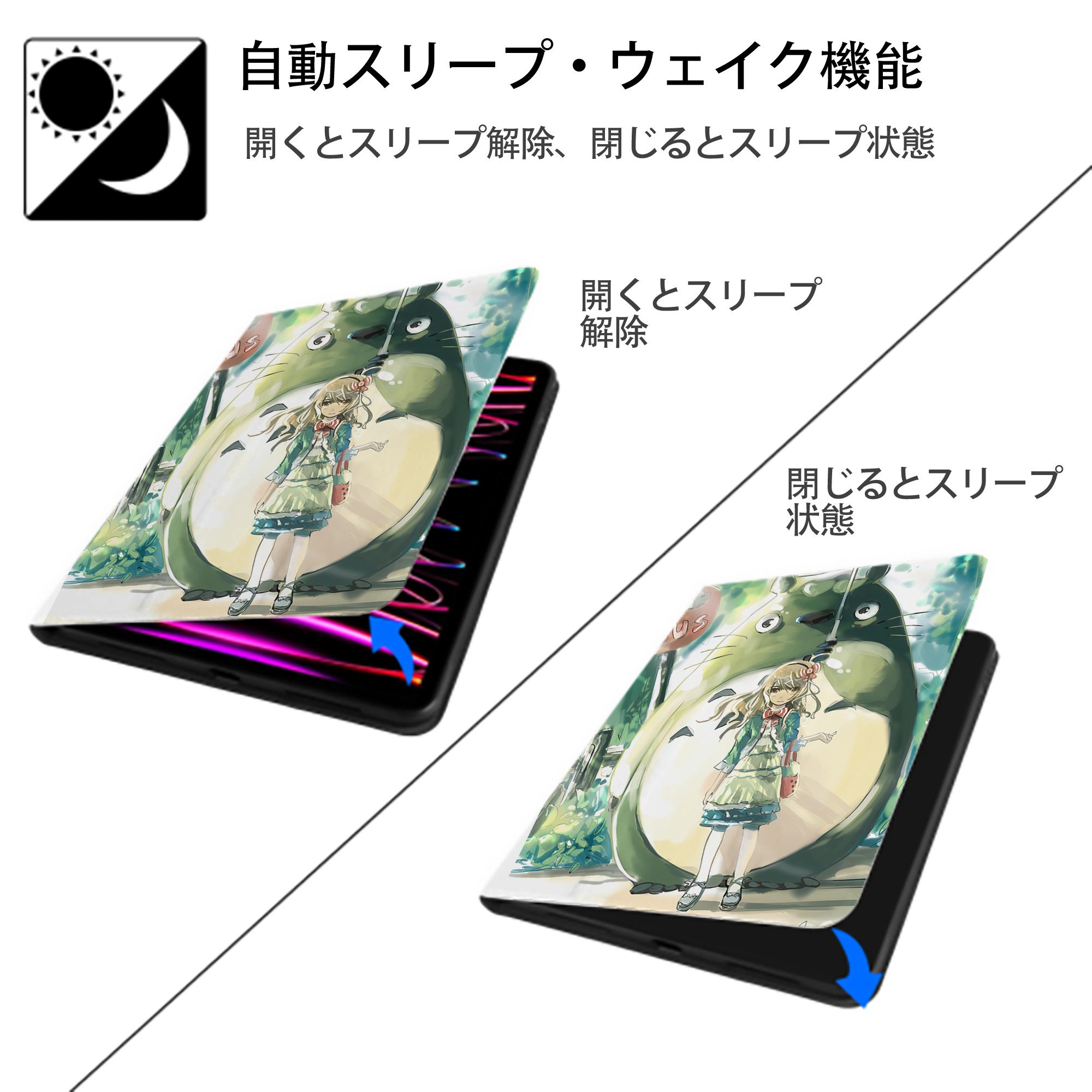 となりのトトロ 草壁メイ 草壁サツキ My Neighbor Totoro Satsuki Kusakabe Mei Kusakabe IPad ケース ペン収納付き 三つ折りスタンド PUレザー×シリコン 対応機種9.5/10.5/10.9インチ