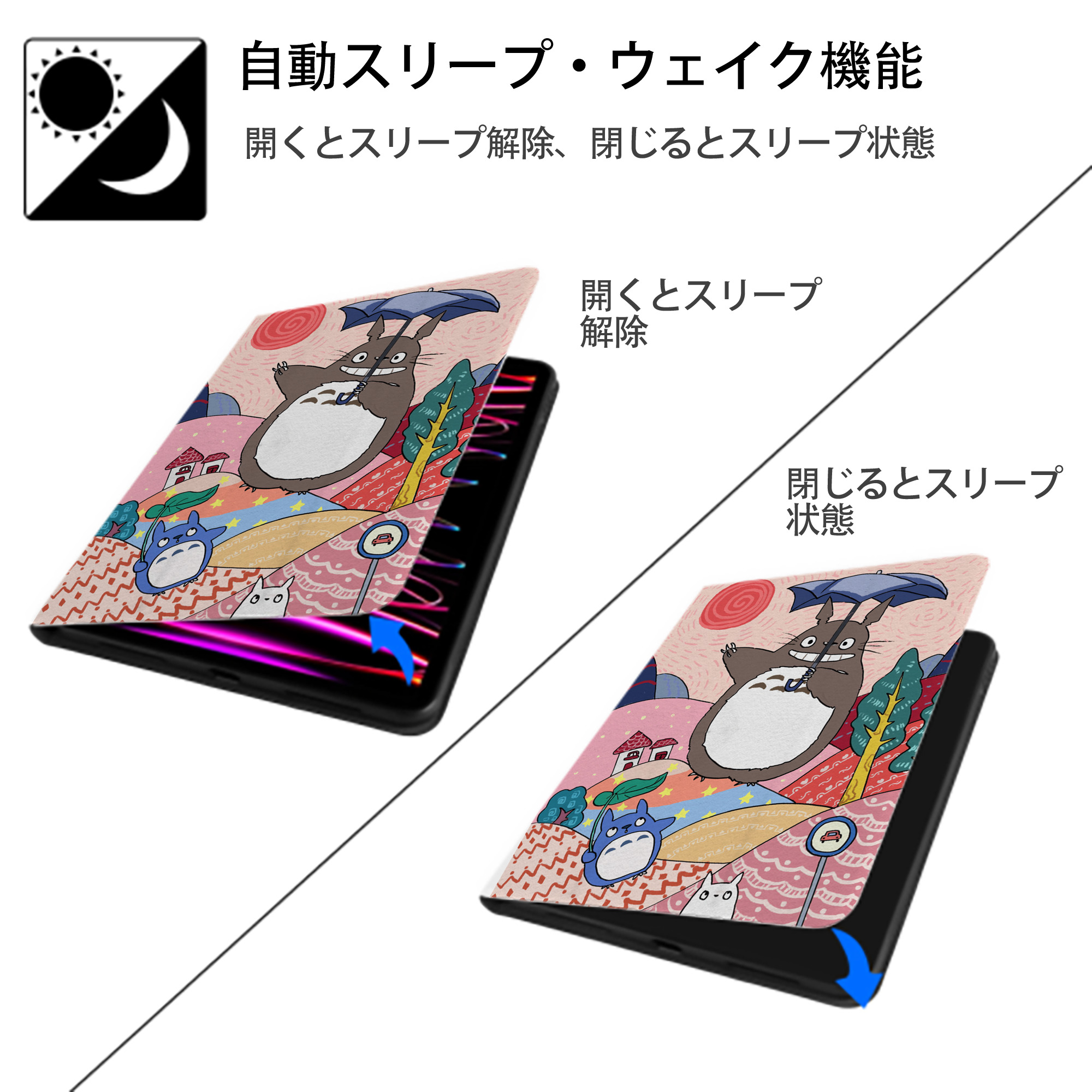 となりのトトロ 草壁メイ 草壁サツキ My Neighbor Totoro Satsuki Kusakabe Mei Kusakabe IPad ケース ペン収納付き 三つ折りスタンド PUレザー×シリコン 対応機種9.5/10.5/10.9インチ