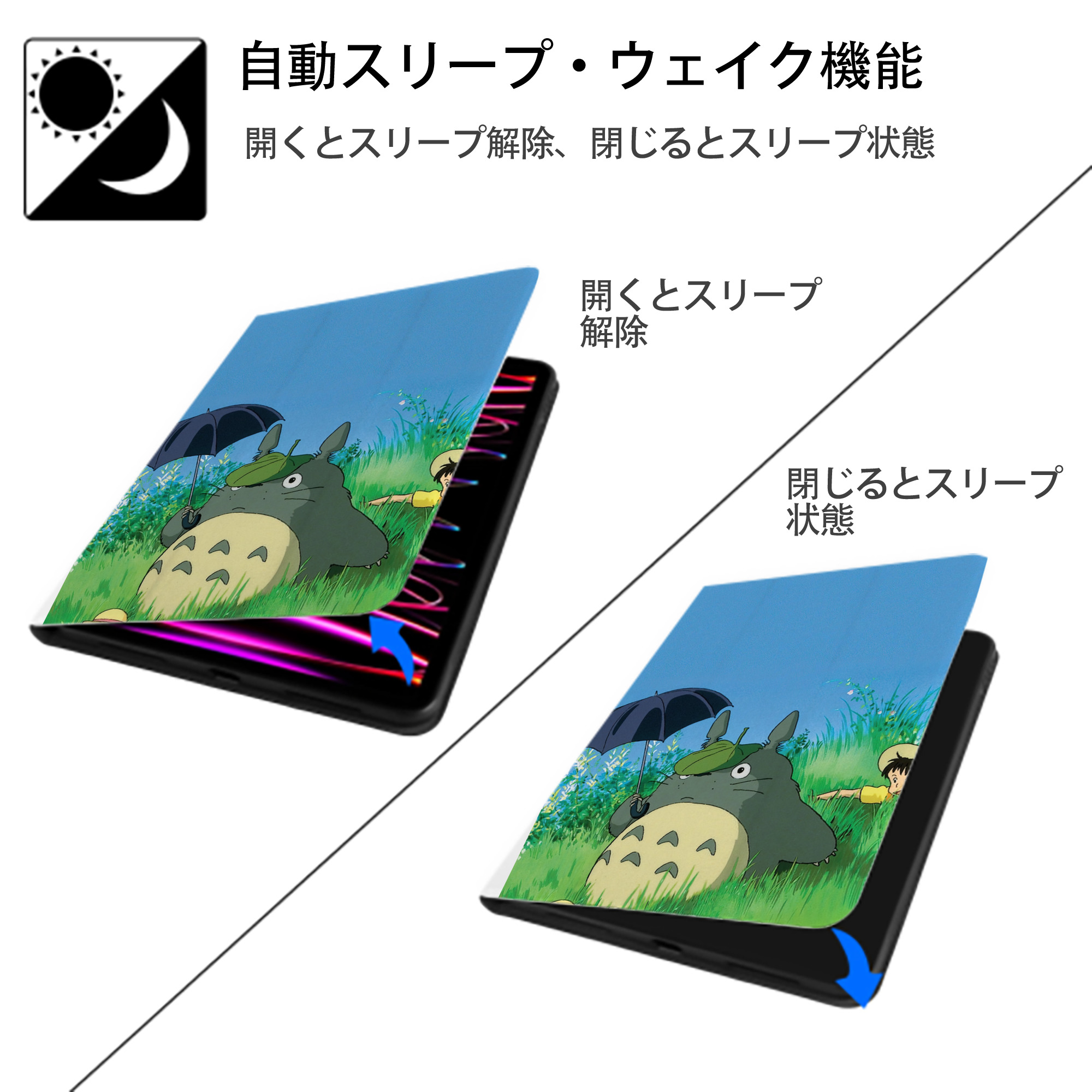 となりのトトロ 草壁メイ 草壁サツキ My Neighbor Totoro Satsuki Kusakabe Mei Kusakabe IPad ケース ペン収納付き 三つ折りスタンド PUレザー×シリコン 対応機種9.5/10.5/10.9インチ