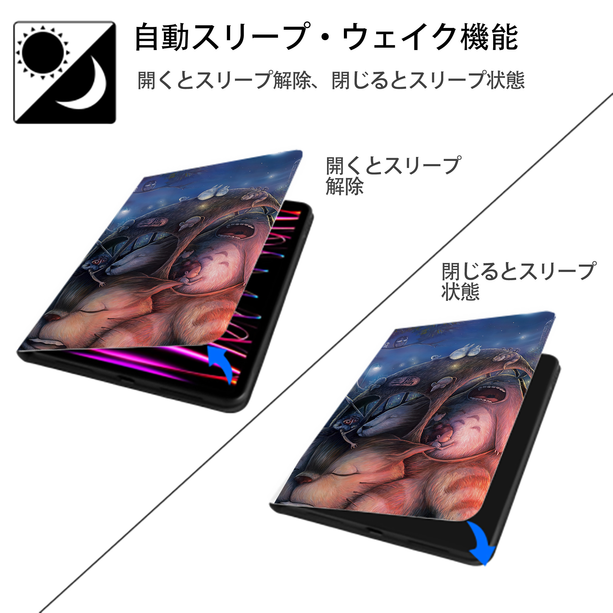 となりのトトロ 草壁メイ 草壁サツキ My Neighbor Totoro Satsuki Kusakabe Mei Kusakabe IPad ケース ペン収納付き 三つ折りスタンド PUレザー×シリコン 対応機種9.5/10.5/10.9インチ