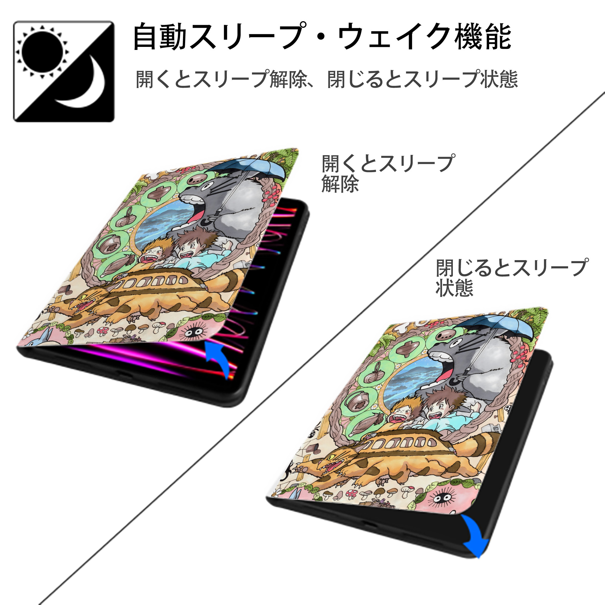 となりのトトロ 草壁メイ 草壁サツキ My Neighbor Totoro Satsuki Kusakabe Mei Kusakabe IPad ケース ペン収納付き 三つ折りスタンド PUレザー×シリコン 対応機種9.5/10.5/10.9インチ