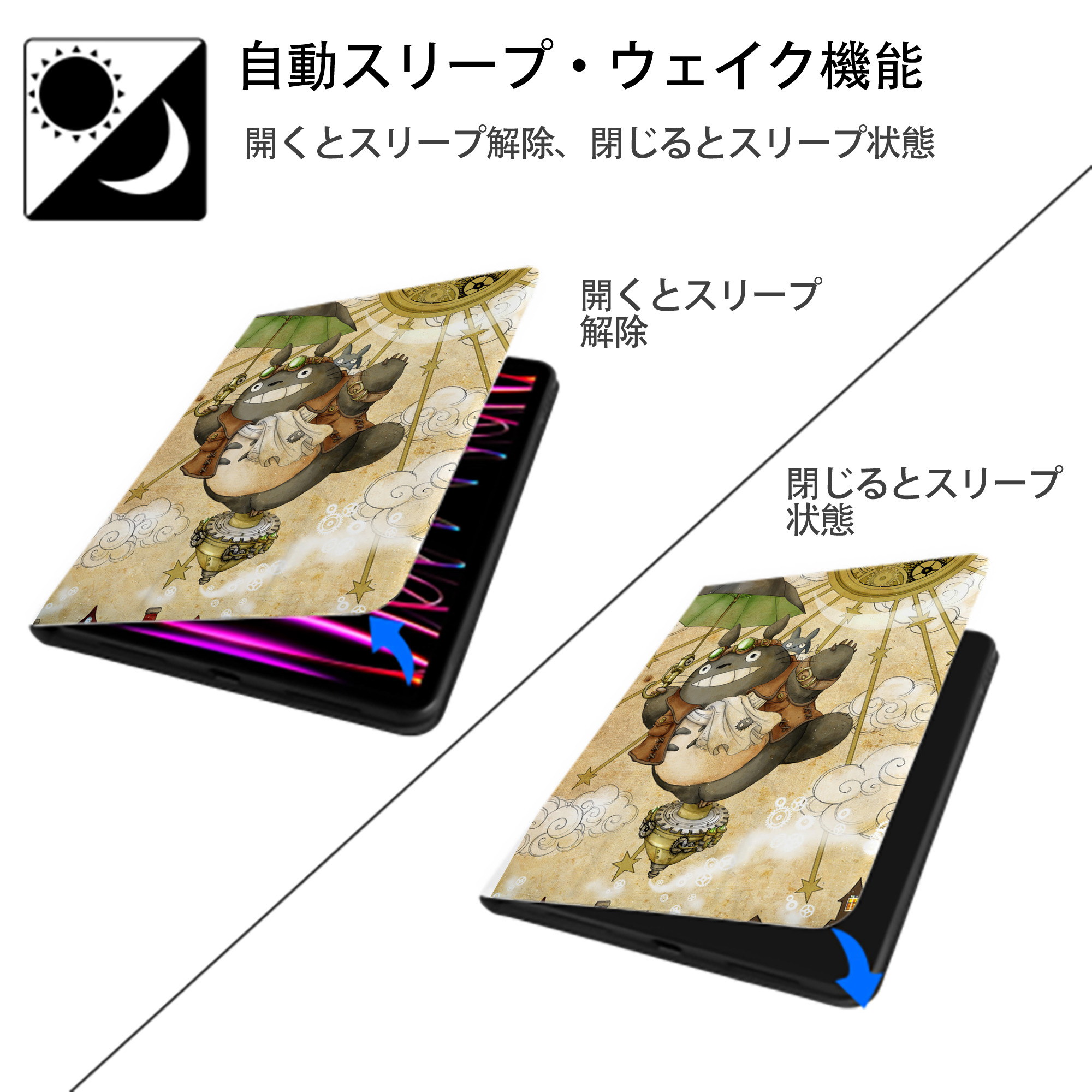 となりのトトロ 草壁メイ 草壁サツキ My Neighbor Totoro Satsuki Kusakabe Mei Kusakabe IPad ケース ペン収納付き 三つ折りスタンド PUレザー×シリコン 対応機種9.5/10.5/10.9インチ