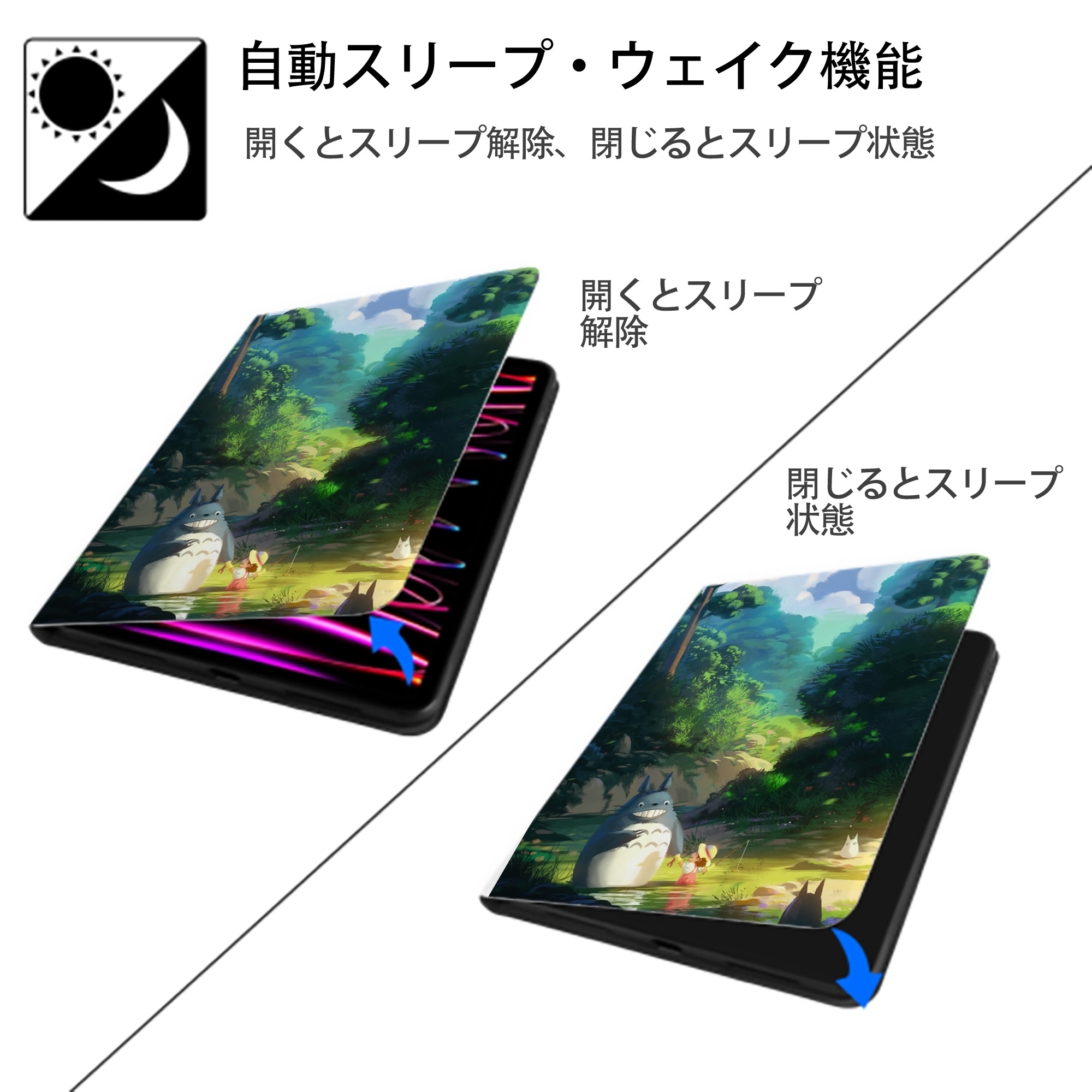 となりのトトロ 草壁メイ 草壁サツキ My Neighbor Totoro Satsuki Kusakabe Mei Kusakabe IPad ケース ペン収納付き 三つ折りスタンド PUレザー×シリコン 対応機種9.5/10.5/10.9インチ