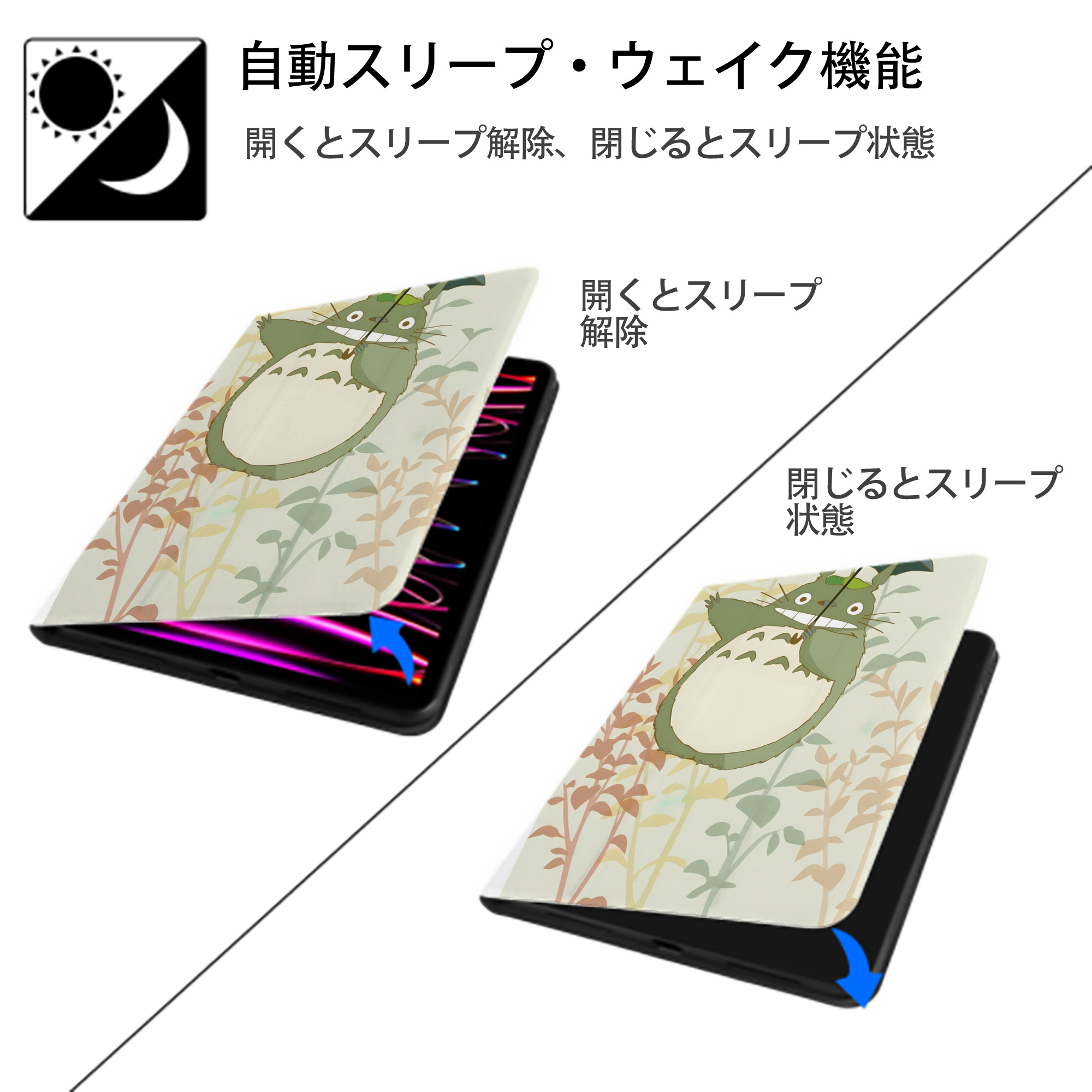 となりのトトロ 草壁メイ 草壁サツキ My Neighbor Totoro Satsuki Kusakabe Mei Kusakabe IPad ケース ペン収納付き 三つ折りスタンド PUレザー×シリコン 対応機種9.5/10.5/10.9インチ