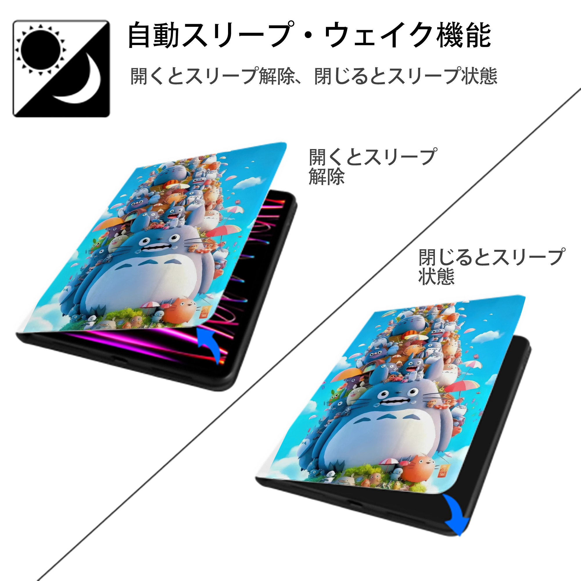 となりのトトロ 草壁メイ 草壁サツキ My Neighbor Totoro Satsuki Kusakabe Mei Kusakabe IPad ケース ペン収納付き 三つ折りスタンド PUレザー×シリコン 対応機種9.5/10.5/10.9インチ