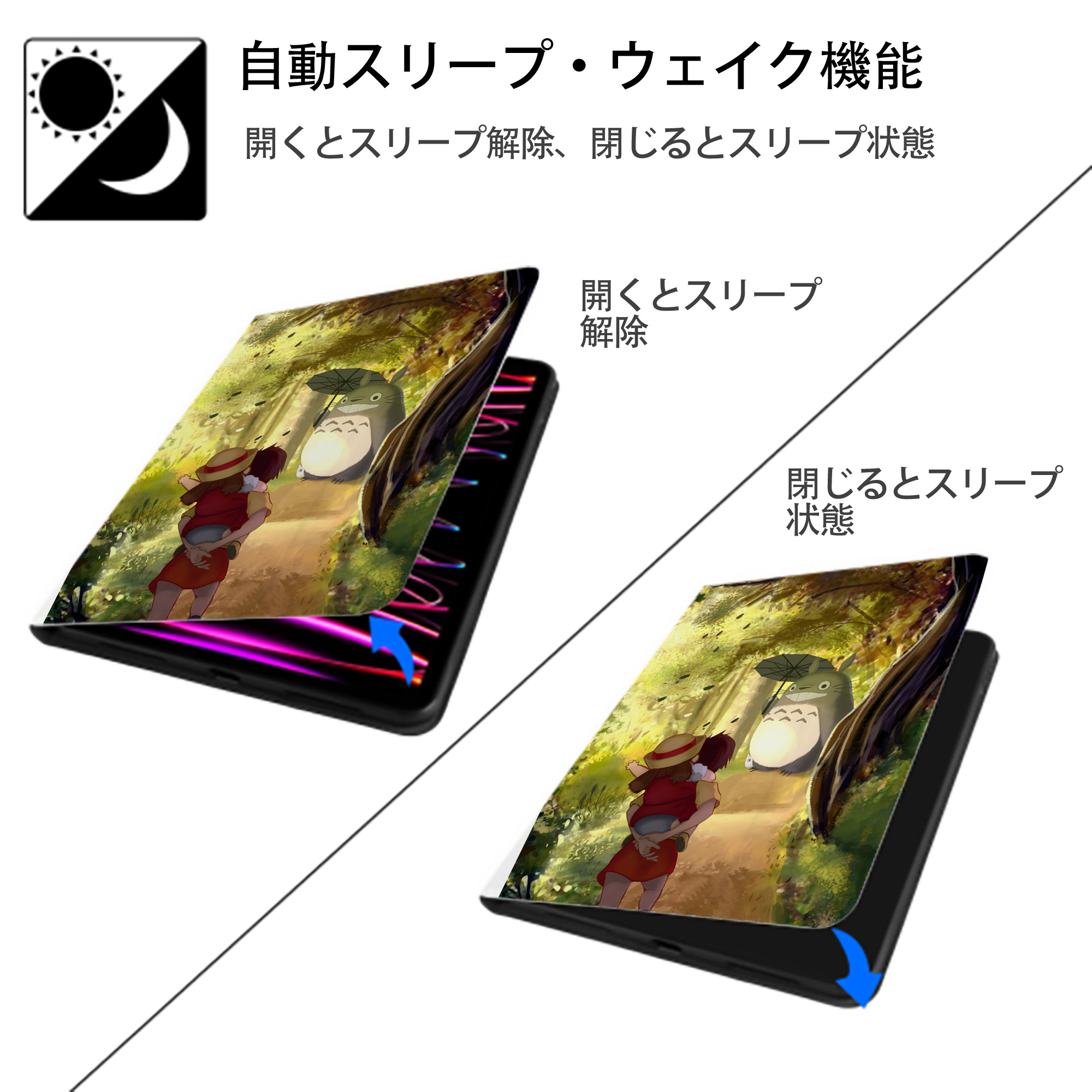 となりのトトロ 草壁メイ 草壁サツキ My Neighbor Totoro Satsuki Kusakabe Mei Kusakabe IPad ケース ペン収納付き 三つ折りスタンド PUレザー×シリコン 対応機種9.5/10.5/10.9インチ