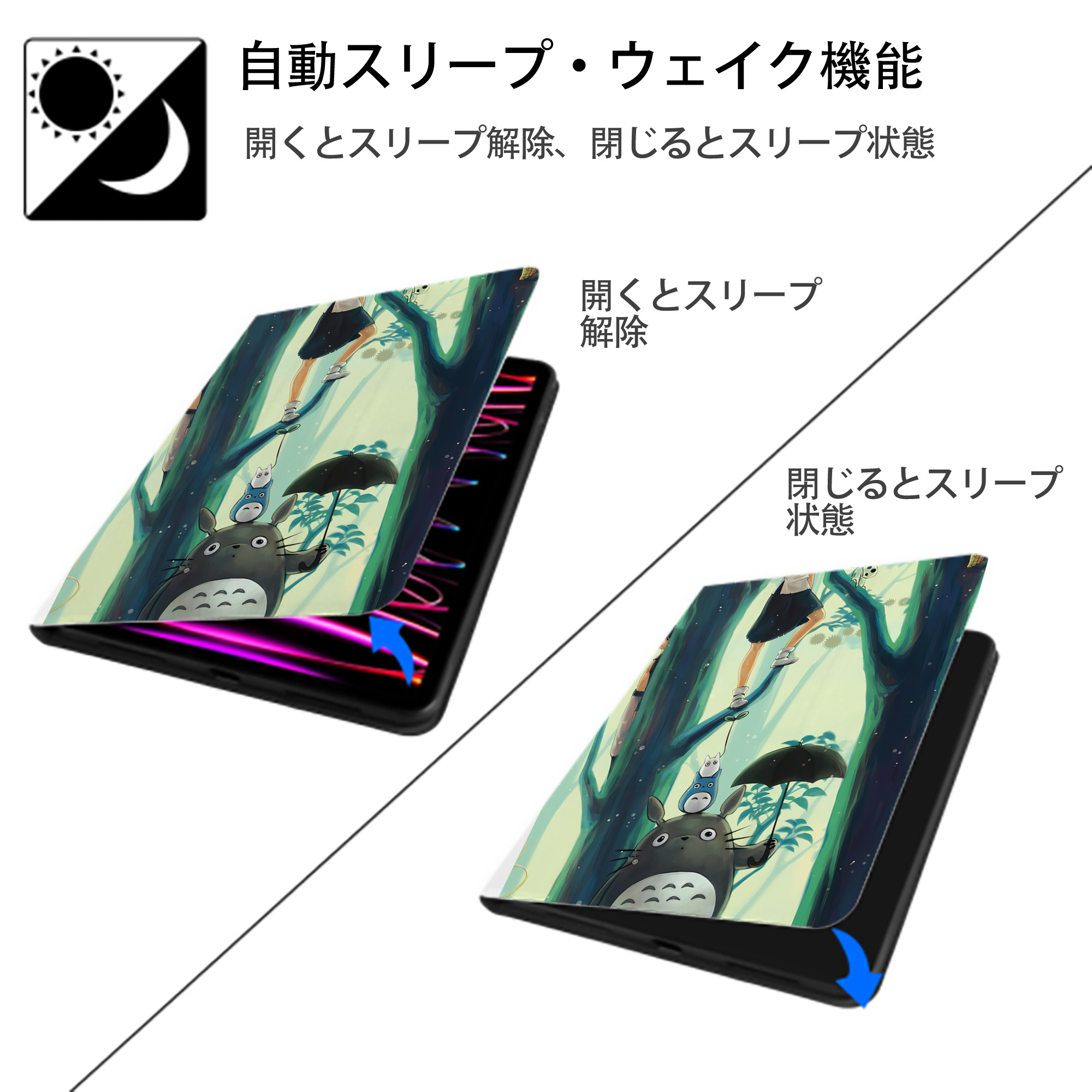 となりのトトロ 草壁メイ 草壁サツキ My Neighbor Totoro Satsuki Kusakabe Mei Kusakabe IPad ケース ペン収納付き 三つ折りスタンド PUレザー×シリコン 対応機種9.5/10.5/10.9インチ