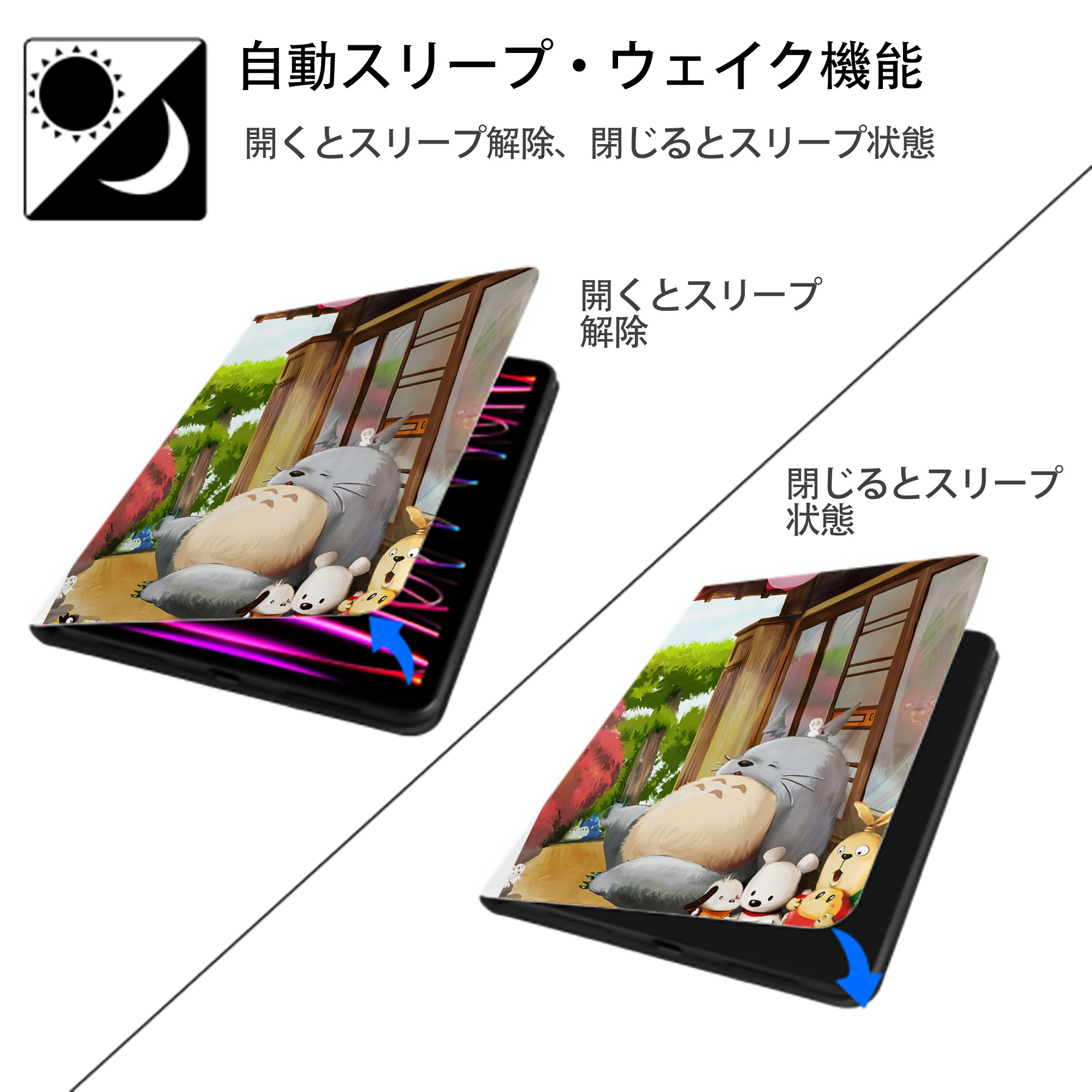 となりのトトロ 草壁メイ 草壁サツキ My Neighbor Totoro Satsuki Kusakabe Mei Kusakabe IPad ケース ペン収納付き 三つ折りスタンド PUレザー×シリコン 対応機種9.5/10.5/10.9インチ