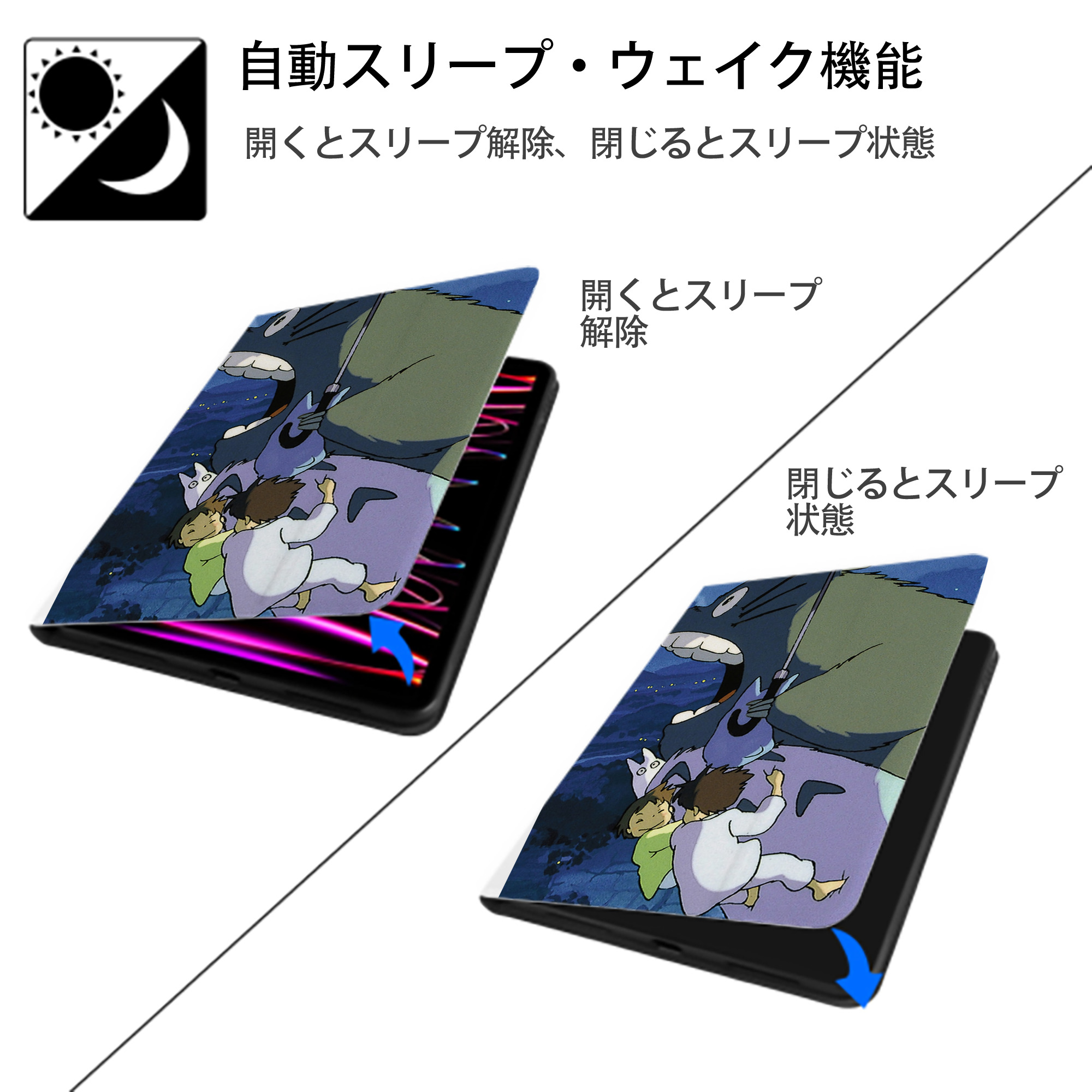 となりのトトロ 草壁メイ 草壁サツキ My Neighbor Totoro Satsuki Kusakabe Mei Kusakabe IPad ケース ペン収納付き 三つ折りスタンド PUレザー×シリコン 対応機種9.5/10.5/10.9インチ