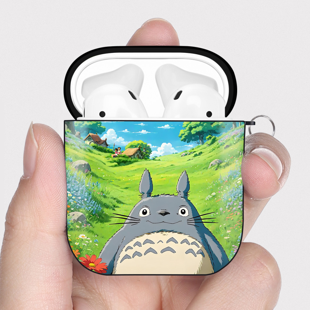 （画像用） となりのトトロ 草壁メイ 草壁サツキ My Neighbor Totoro Satsuki Kusakabe Mei Kusakabe AirPods 第2世代保護ケース ハードシェル ブラック 耐衝撃・防指紋・カラビナ付き