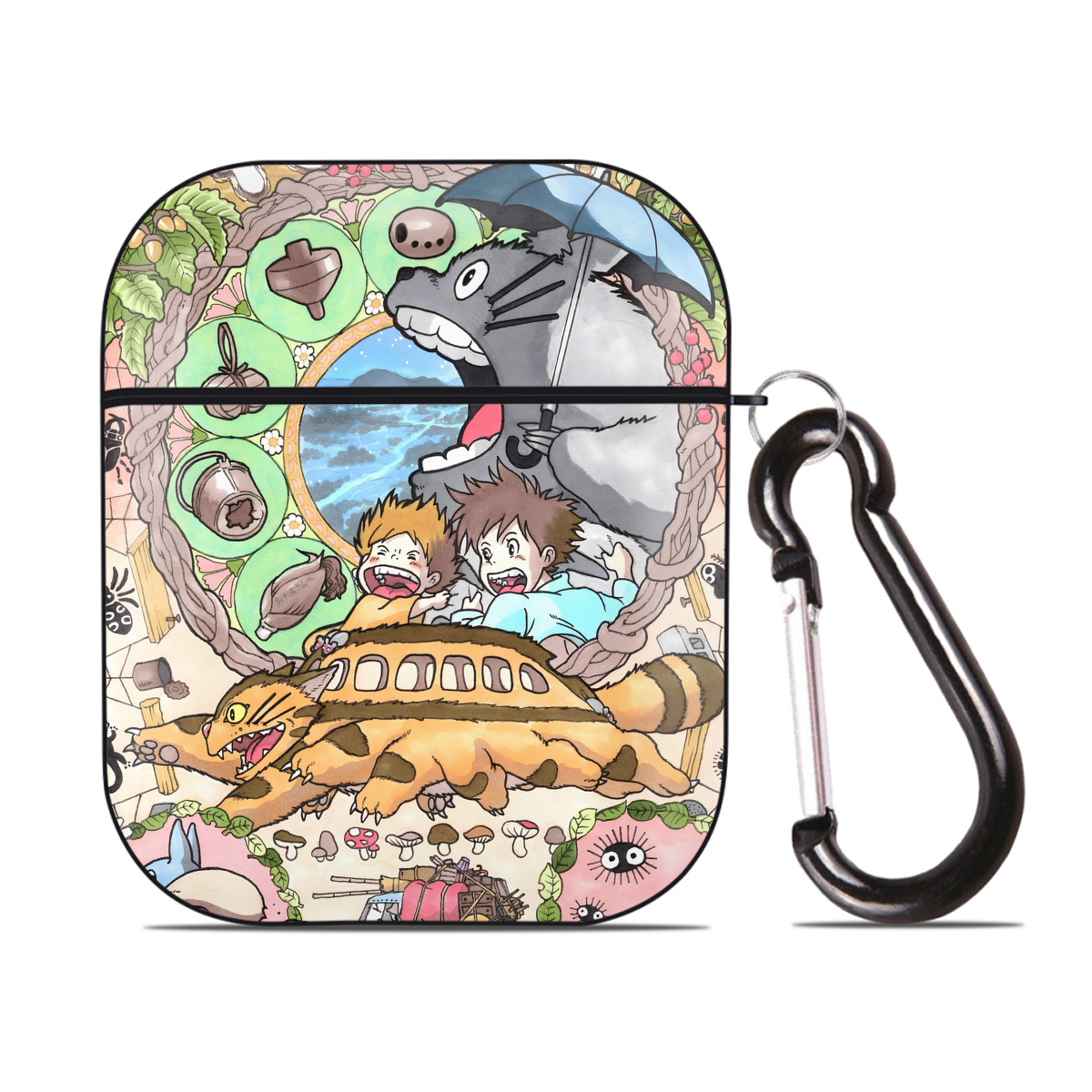 （画像用） となりのトトロ 草壁メイ 草壁サツキ My Neighbor Totoro Satsuki Kusakabe Mei Kusakabe AirPods 第2世代保護ケース ハードシェル ブラック 耐衝撃・防指紋・カラビナ付き