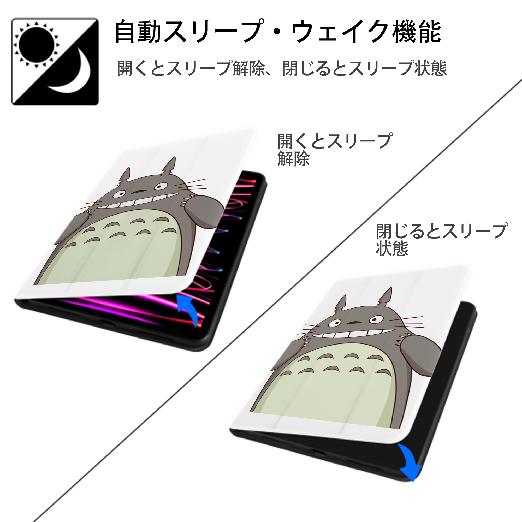 となりのトトロ 草壁メイ 草壁サツキ My Neighbor Totoro Satsuki Kusakabe Mei Kusakabe IPad ケース ペン収納付き 三つ折りスタンド PUレザー×シリコン 対応機種9.5/10.5/10.9インチ