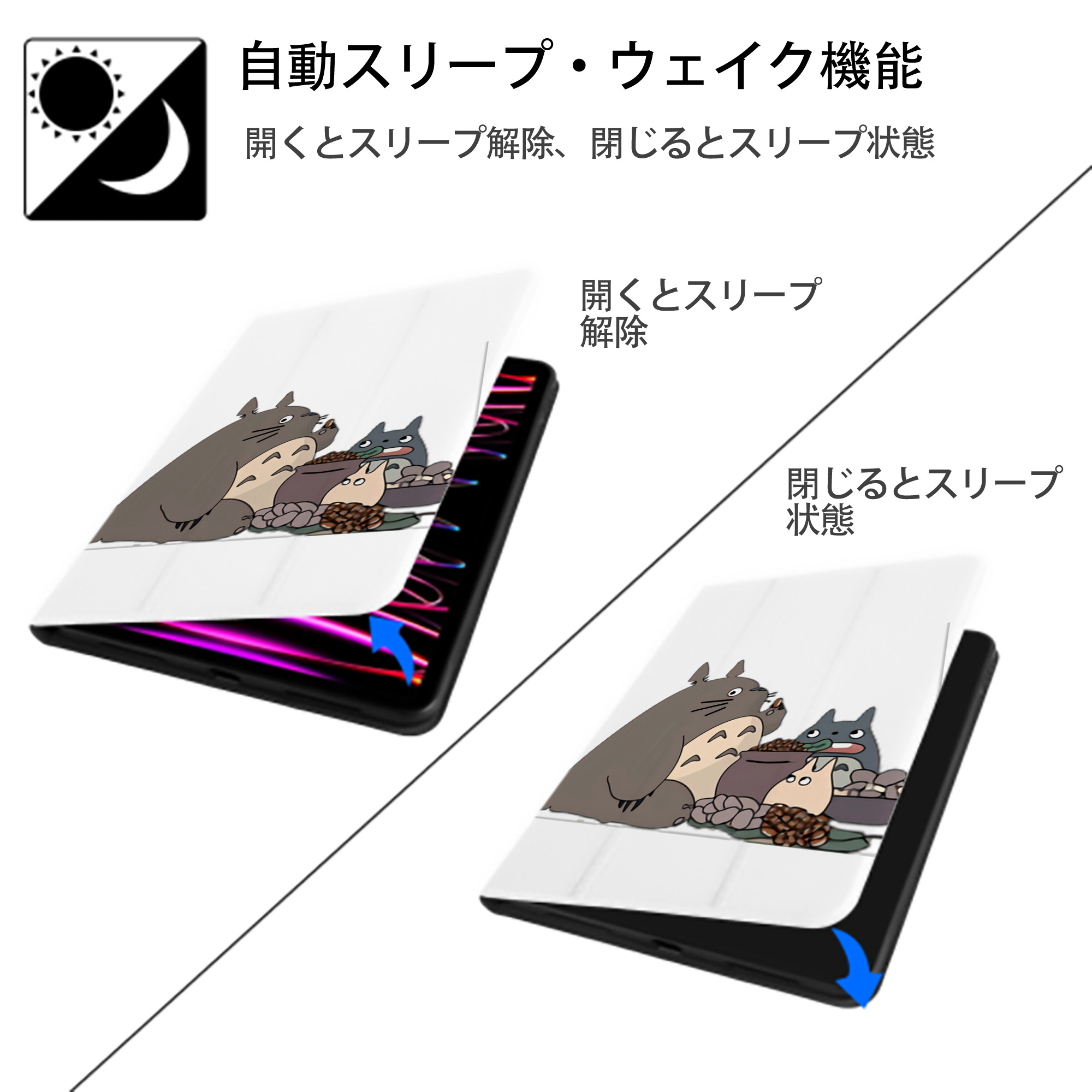 となりのトトロ 草壁メイ 草壁サツキ My Neighbor Totoro Satsuki Kusakabe Mei Kusakabe IPad ケース ペン収納付き 三つ折りスタンド PUレザー×シリコン 対応機種9.5/10.5/10.9インチ